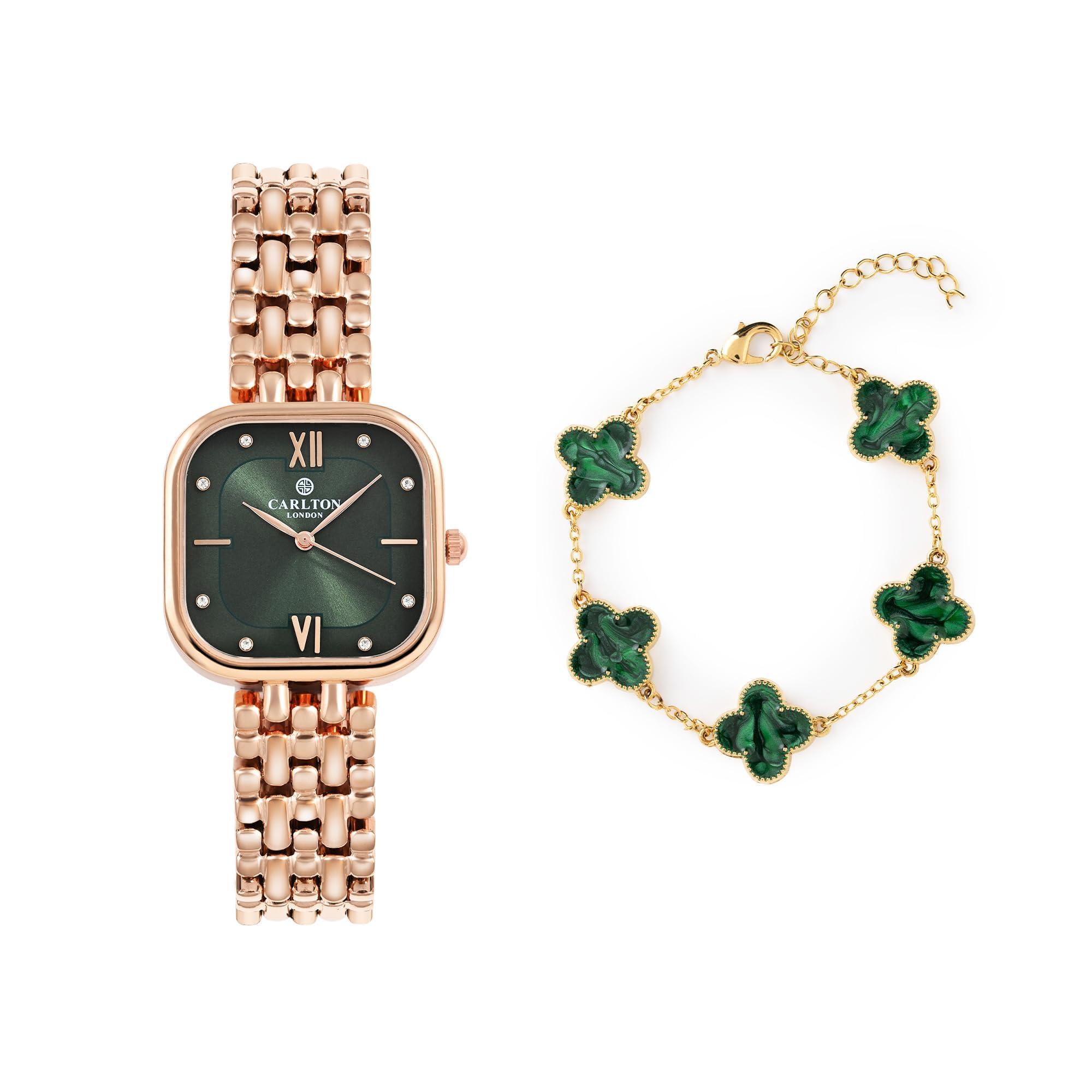 Carlton London Women Green Dial Watch and Bracelet | Stainless Steel, Premium, Stylish Analog Wrist Watch with Golden Strap & Bracelet Set, Elegant Quartz Timepiece | Water Resistant | Luxury Square Watch Gift Set