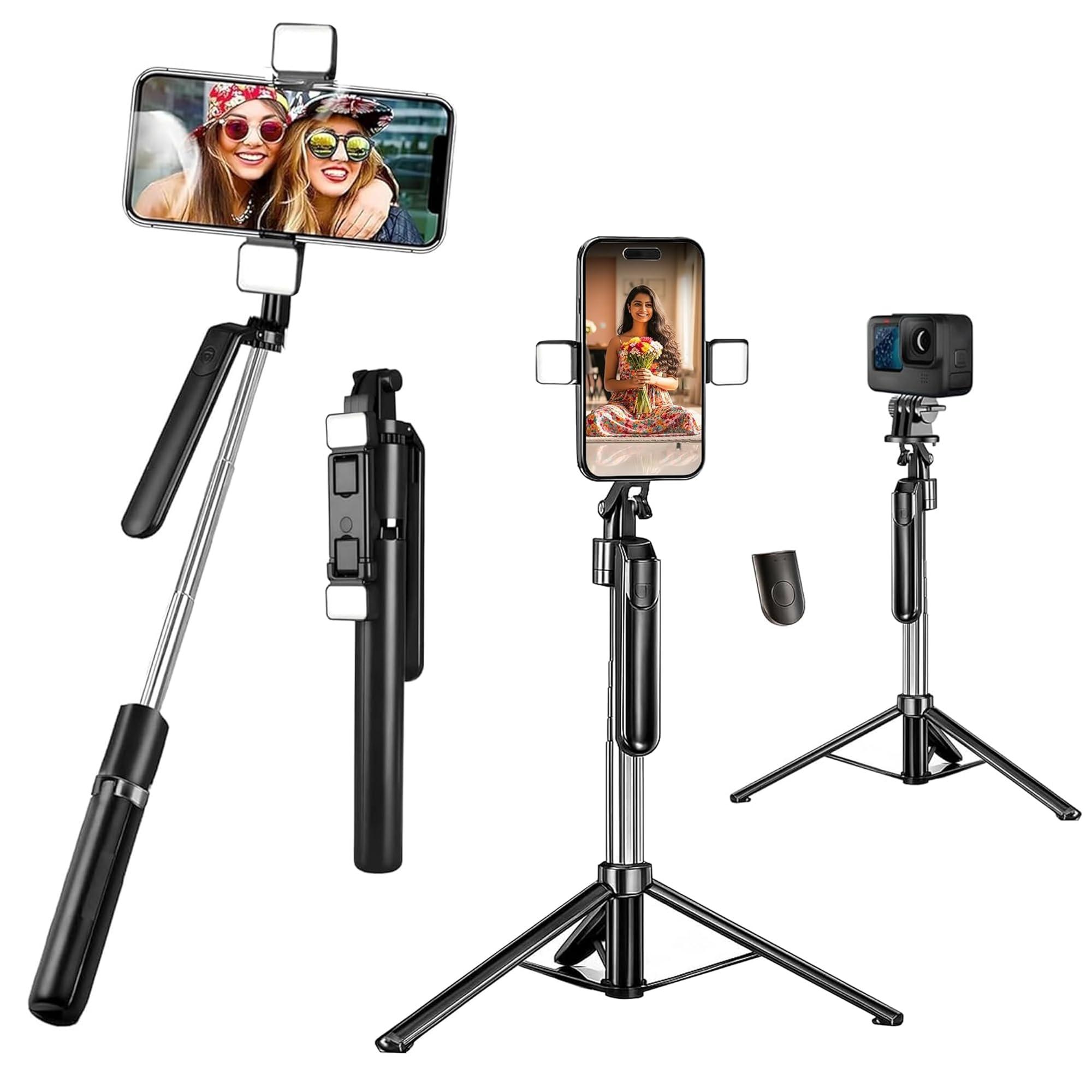Kratos Selfie Stick Tripod with Dual Light 67 inch/1.7 M, 360° Rotation Handle for Anti Shake Shooting, Multifunctional Bluetooth Tripod for Mobile Phone Vlogging, Live Stream and Travel