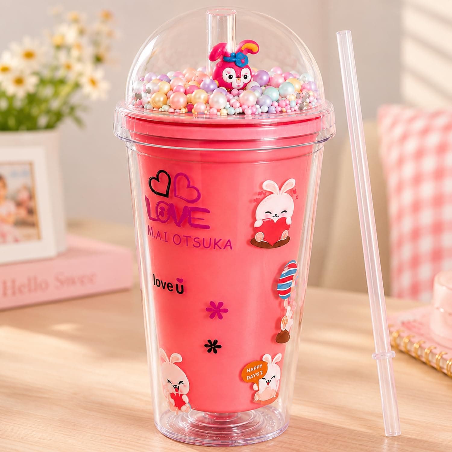 Toy Imagine Bunny Glitter Tumbler for Kids, 550ml Double Wall Acrylic Sipper Cup with Straw & Dome Lid, BPA-Free Reusable Tumbler with Floating Beads for School, Travel & Gifts