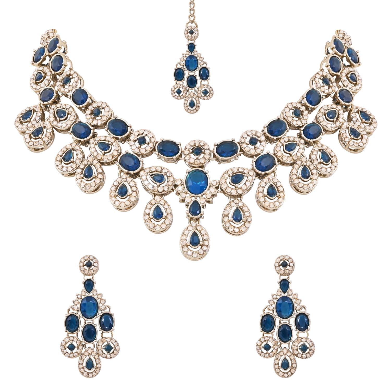 I Jewels Traditional Teardrop Design & Stone Necklace Jewellery with Earrings & Maang Tikka Set for Women (IJ414MO)
