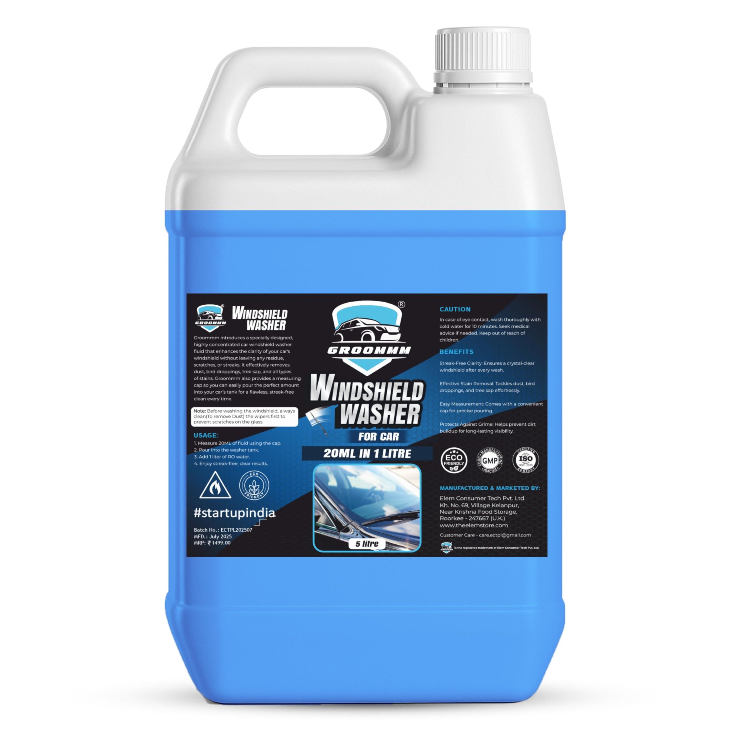 Groommm Windshield Washer Fluid For Car 5LTR - (20ML in 1L Water) | Highly Concentrated Car Glass Cleaner Liquid For Streak & Stain-Free Windshield | Car Wiper Liquid For Crystal Clear Windshield
