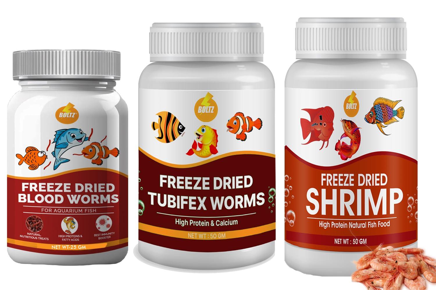 BOLTZ Freeze Dried Shrimp 50gm, Blood Worm 25gm & Tubifex 50gm, Treats Fish Food, Natural Food for Freshwater and Marine Fish for All Life Stages (125gm,Combo Pack of 3)