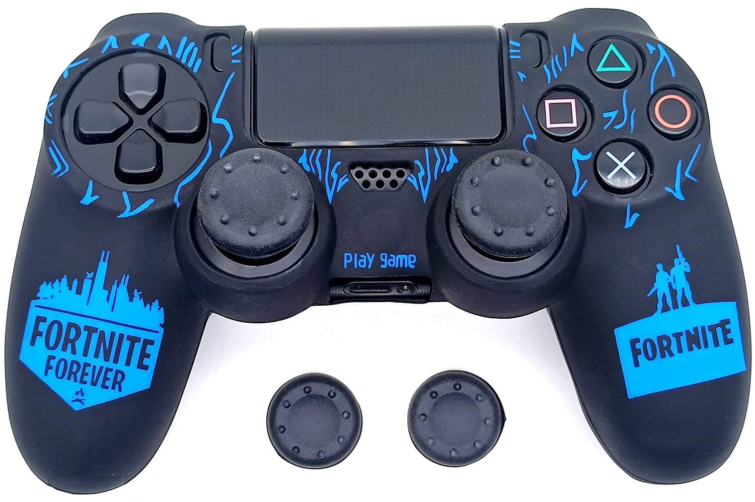 PSS Ps4 Fortnite Theme Silicone Protective Case Cover for PlayStation 4 PS4 Controller with 2 PC Thumb Grips,Black & Blue