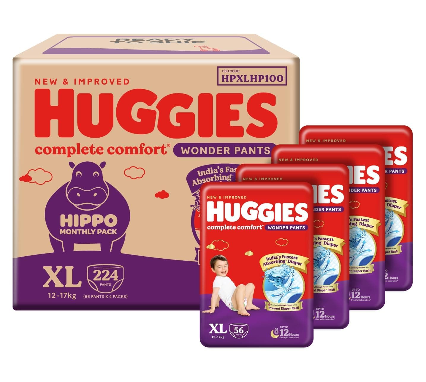 Huggies Complete Comfort Wonder Pants | Pant Style Baby Diapers Extra Large Size, 224 Count | India's Fastest Absorbing diaper, Clinically Proven to Prevent Diaper Rash | Ideal for 12 to 17 Kgs (56 count, Pack of 4)