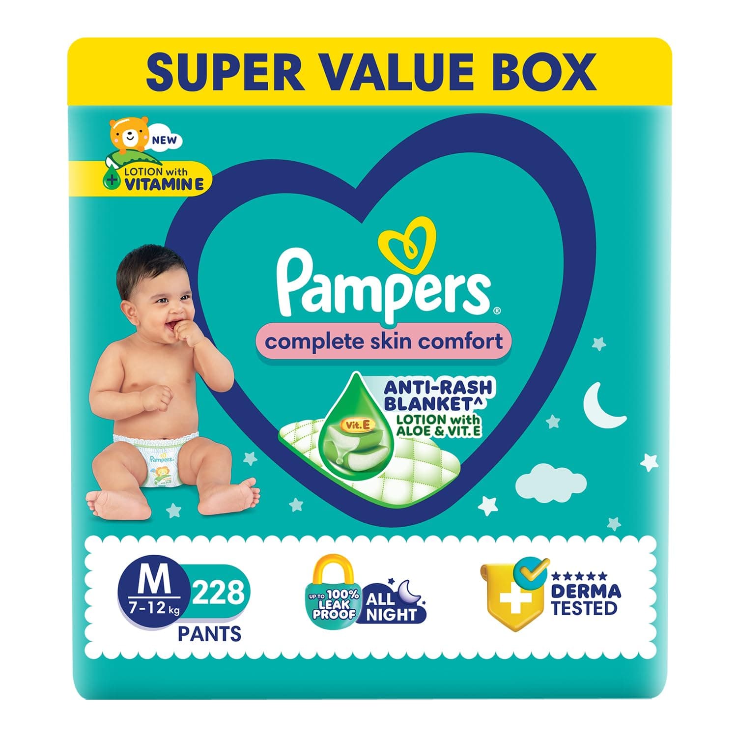 Pampers Complete Skin Comfort Pants, Medium (M) 228 Count, Anti-rash blanket, Lotion with Vitamin E & Aloe Vera, 7-12kg