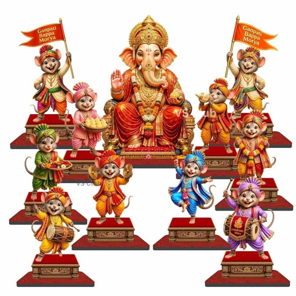 VS Club Ganpati Mandap MDF Cutout Set | 11 Pieces Decorative Ganesh Chaturthi Decoration Kit | Ganpati Bappa Festival Mandap Decor for Home, Mandir, Pooja, Office & Table Decoration