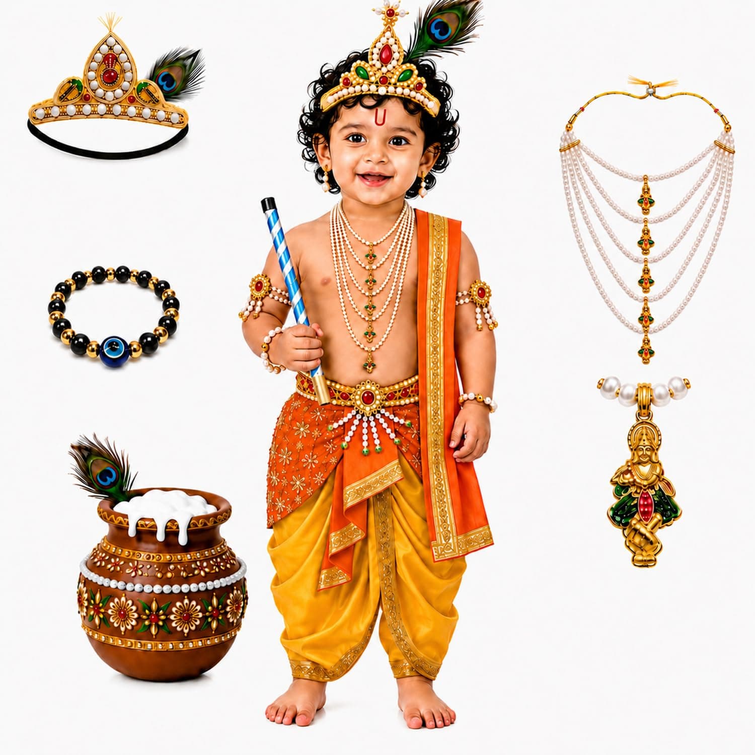 Raj Costume Shri Krishna Dress for Kids, Bal Krishna Costume for Baby Boy and Girl, Janmashtami Fancy Dress Costume, Krishna Dress for Kids