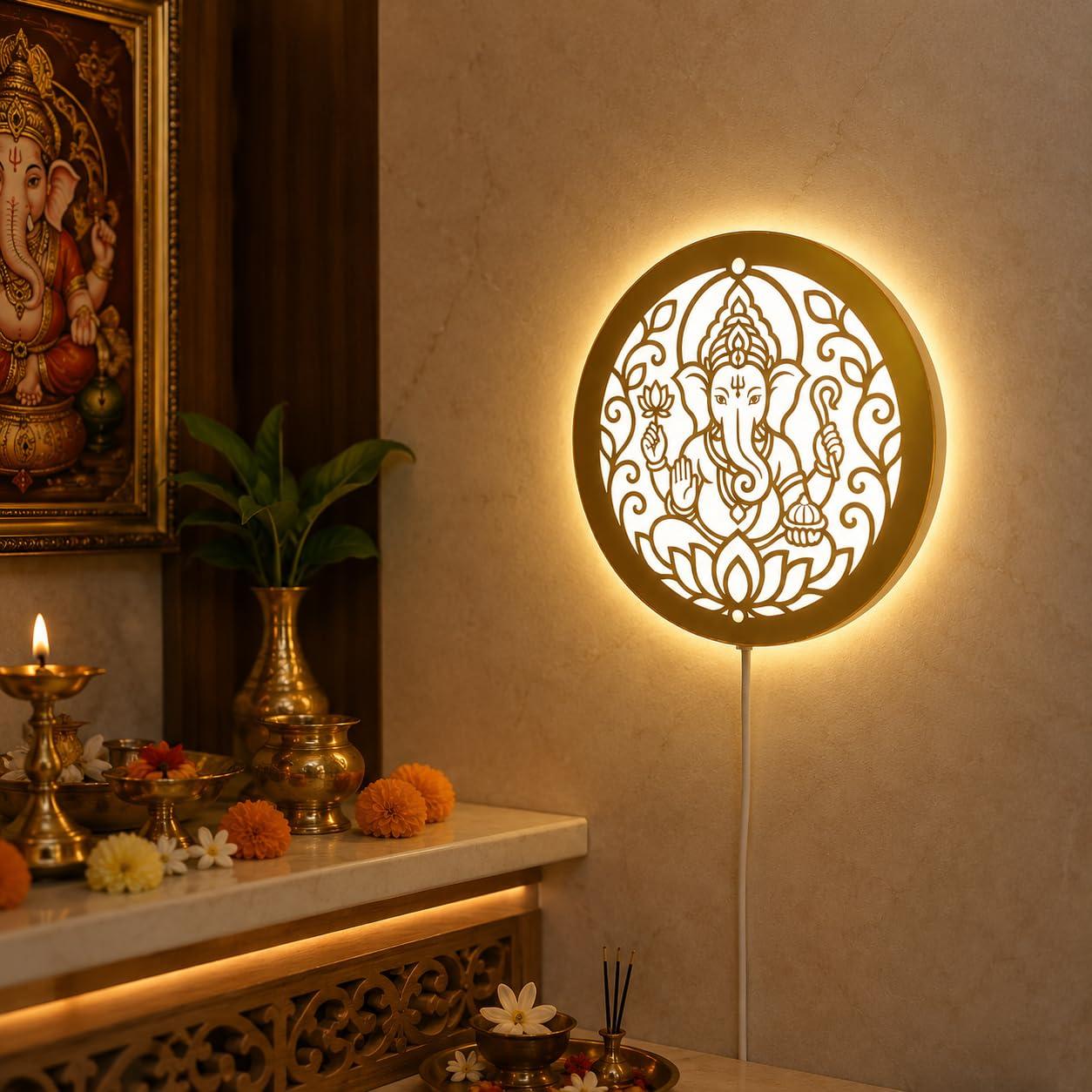 Heartily Ganesh 7.5 inch Beautiful Ganesh Light for Entrance Door, Ganesha Wall Decor, Ganpati LED Wall Hanging Art, Light for Pooja Room, Mandir (Divine Ganesh)