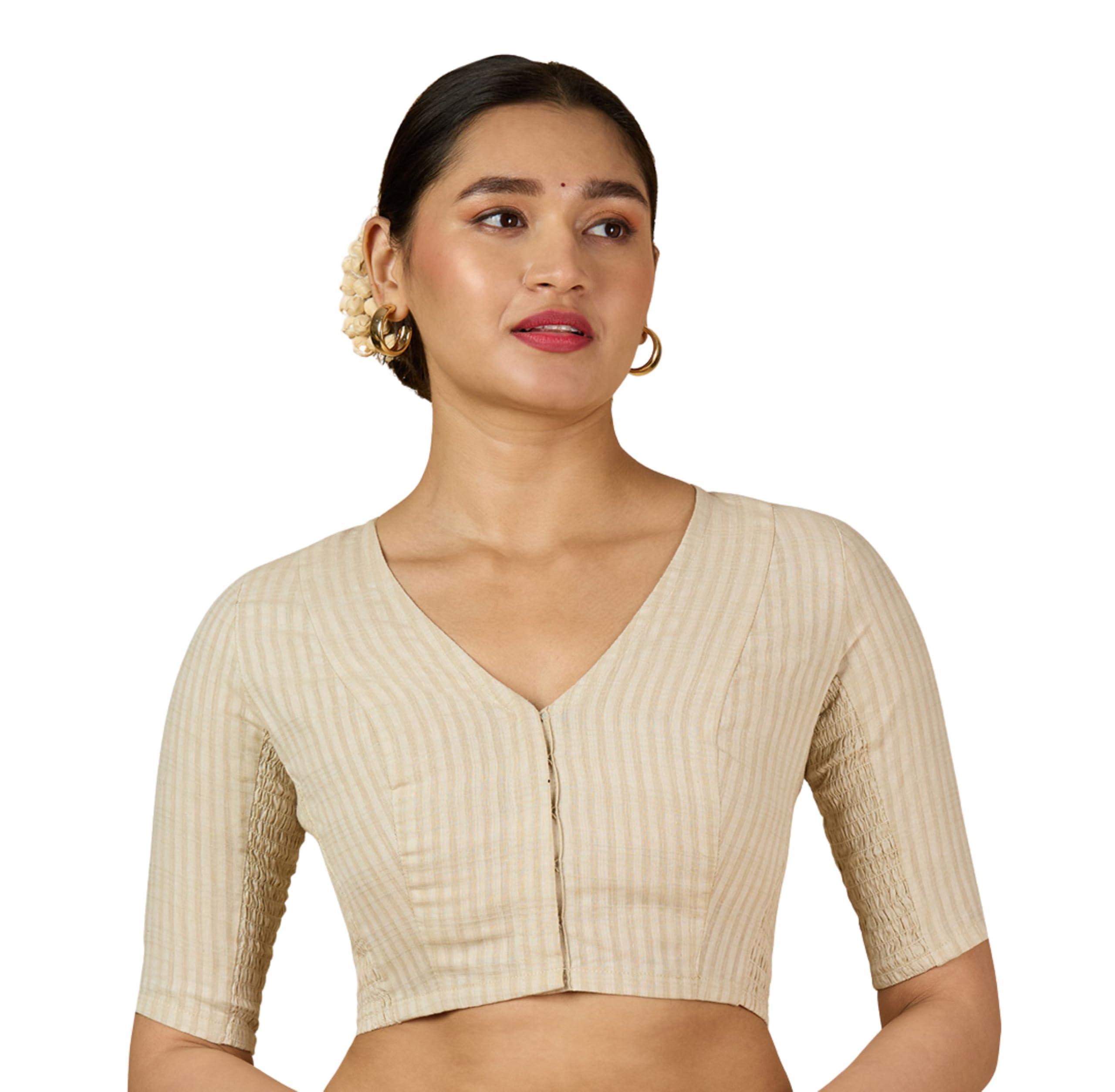 Studio Shringaar Women's Cotton Madras Checks Saree Blouse with Stretchable Sides(Cream, 44)
