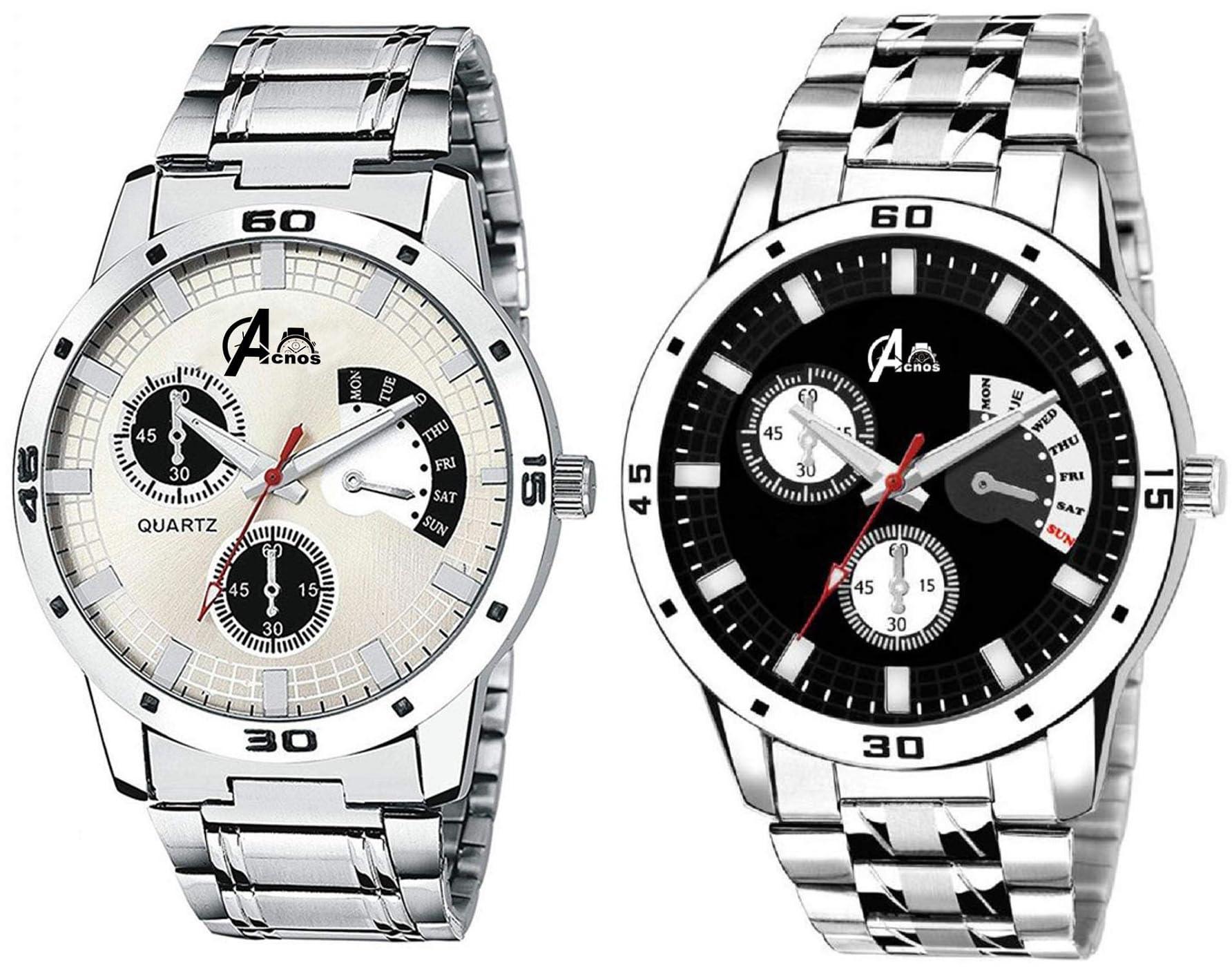 Acnos® Premium Stainless Steel Analog Watch for Men Combo Pack of 2 Arrival Black Silver
