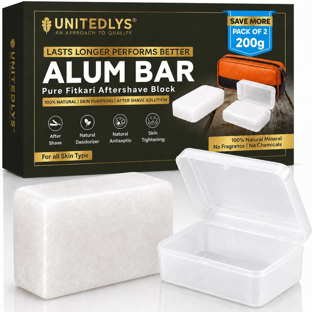 UNITEDLYS Pack of 2 Premium Alum Bar 200G with Travel Case | Natural After Shave Lotion Alternative | Fitkari Stone for Skin Tightening & Water Purification | Crystal White Alum Stone Bar for Underarms & Shaving | Gentle & Effective Phitkari