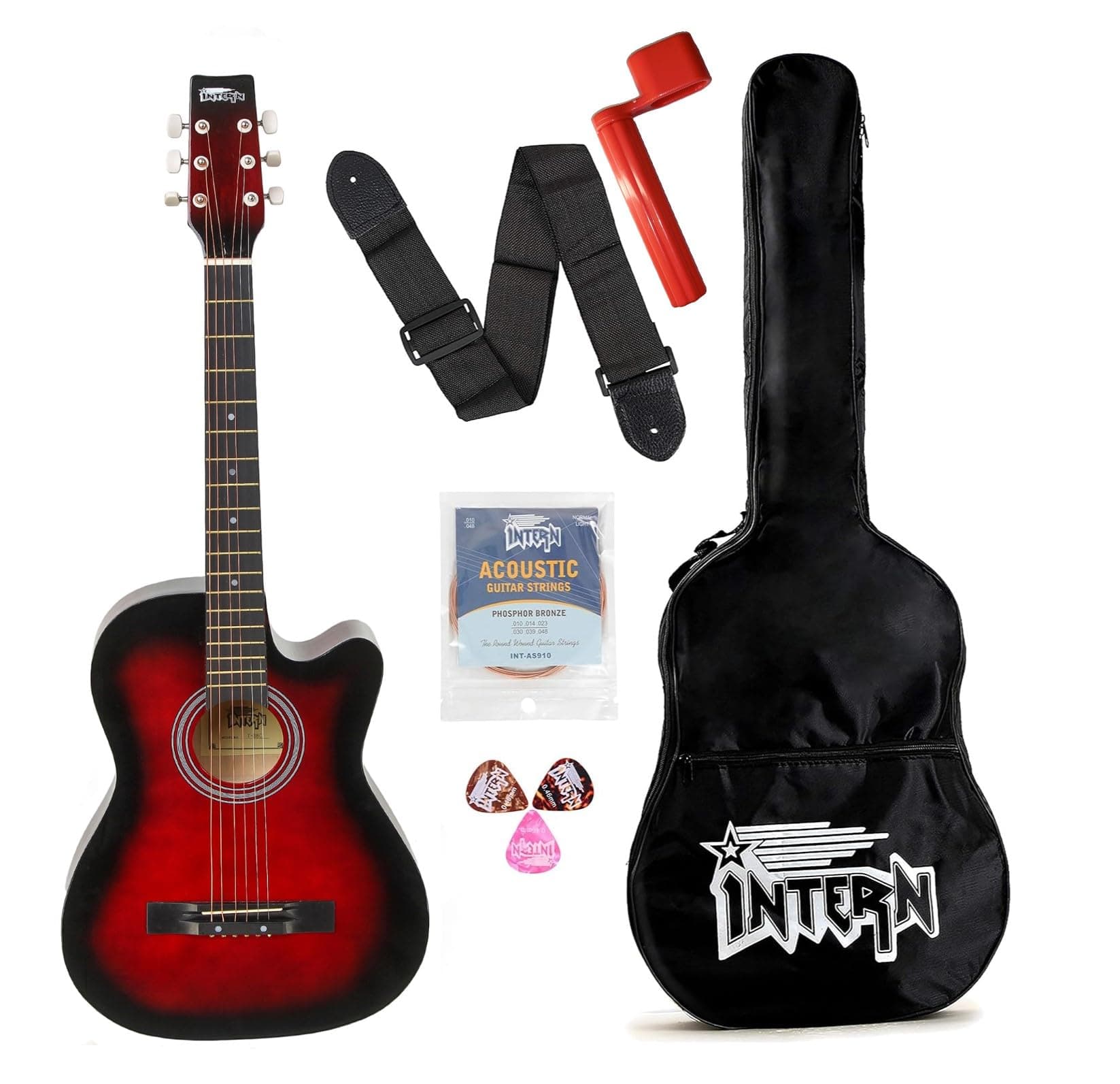 Intern Right hand Acoustic Guitar Kit, With Bag, Strings, Pick, Strap and String Winder (Red, 38 Inch)