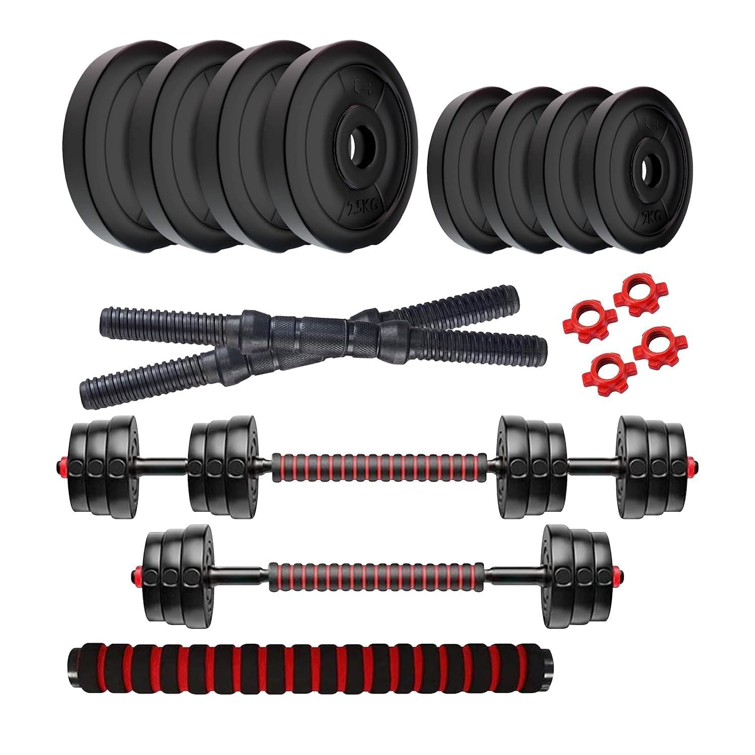 Amazon Brand - Symactive PVC 18 Kg 3-in-1 Convertible Dumbbells Fitness Kit for Full Body Workout (2 Kg x 4 + 2.5 Kg x 4 PVC Weight, 14'' Dumbbell Rods Pair & Nuts, 1 Cushioned Connector Rod)
