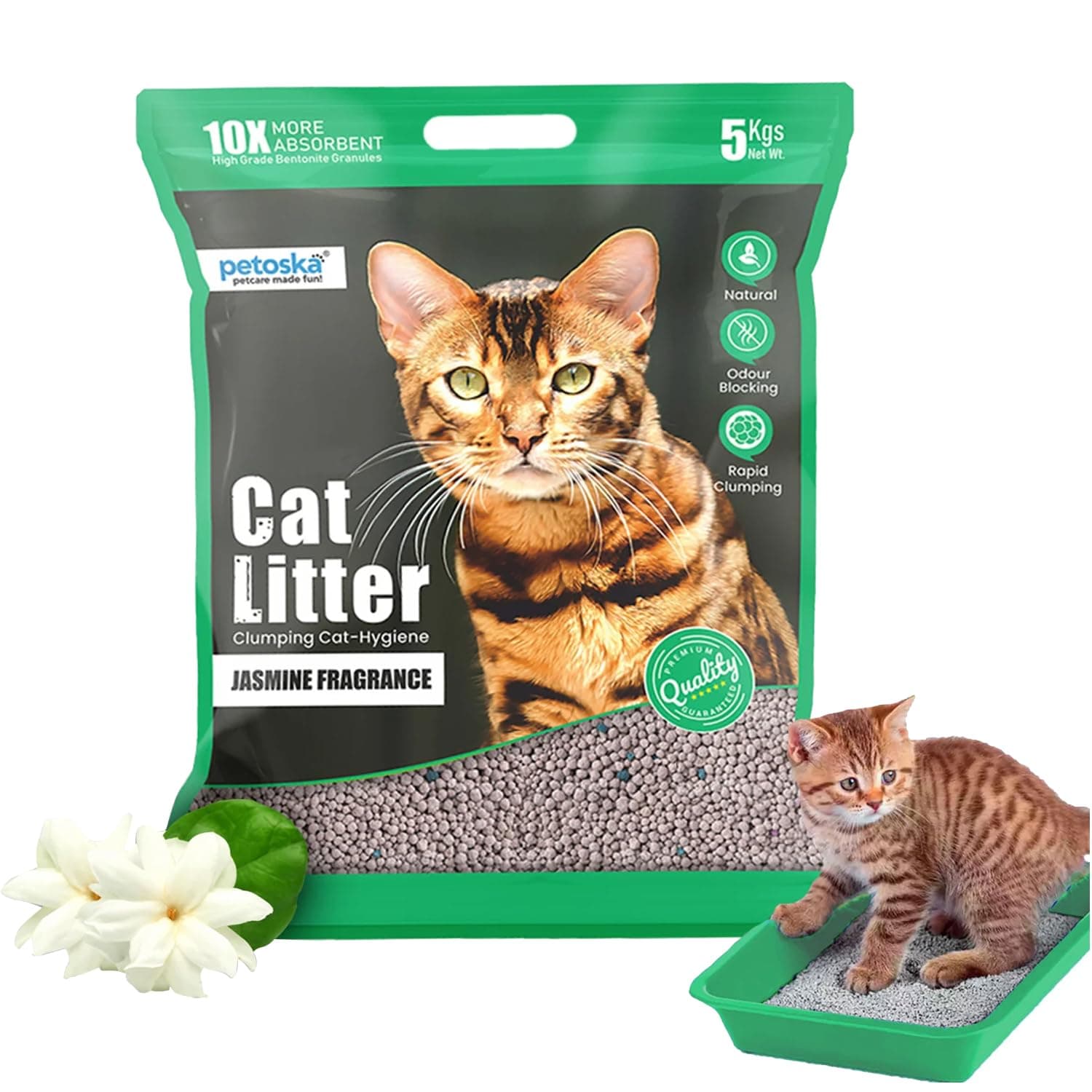 Petoska Cat Litter 5kg Jasmine | Premium Bentonite Clay, Gentle on Paws, Low Dust | Floral Fragrance & Fast-Clumping Cat Litter for a Fresh Litter Box