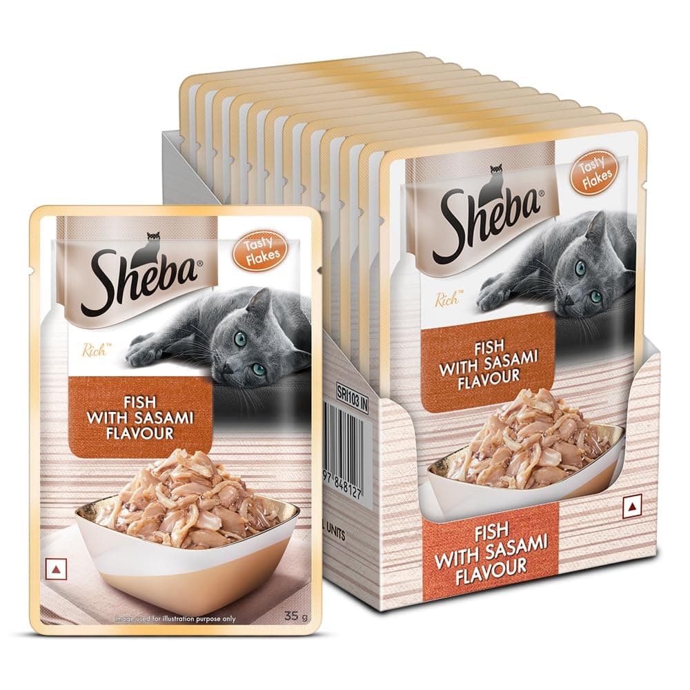 Sheba Rich Premium Adult (1+ Years) Wet Cat Food, Fish with Sasami Flavour, 35 g Pouch (Pack of 12), High-moisture wet food for healthy hydration