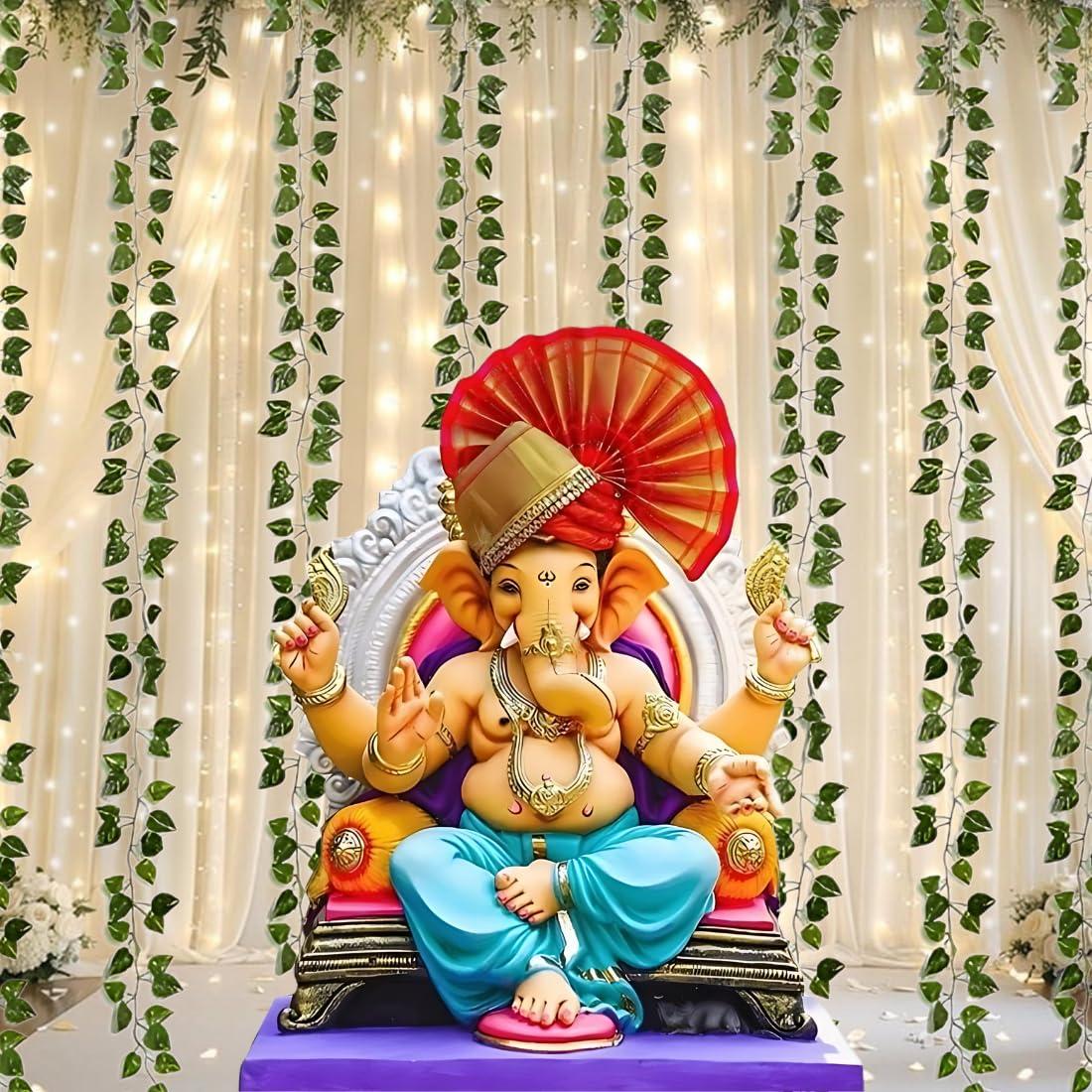 SSM DECORATORS Ganpati Decoration Backdrop Set with White Net Curtains, Green Vine Creepers & Fairy LED Lights for Mandir, Pooja Room, Ganesh Chaturthi Mandap & Festival Home Decor (9 Pieces)