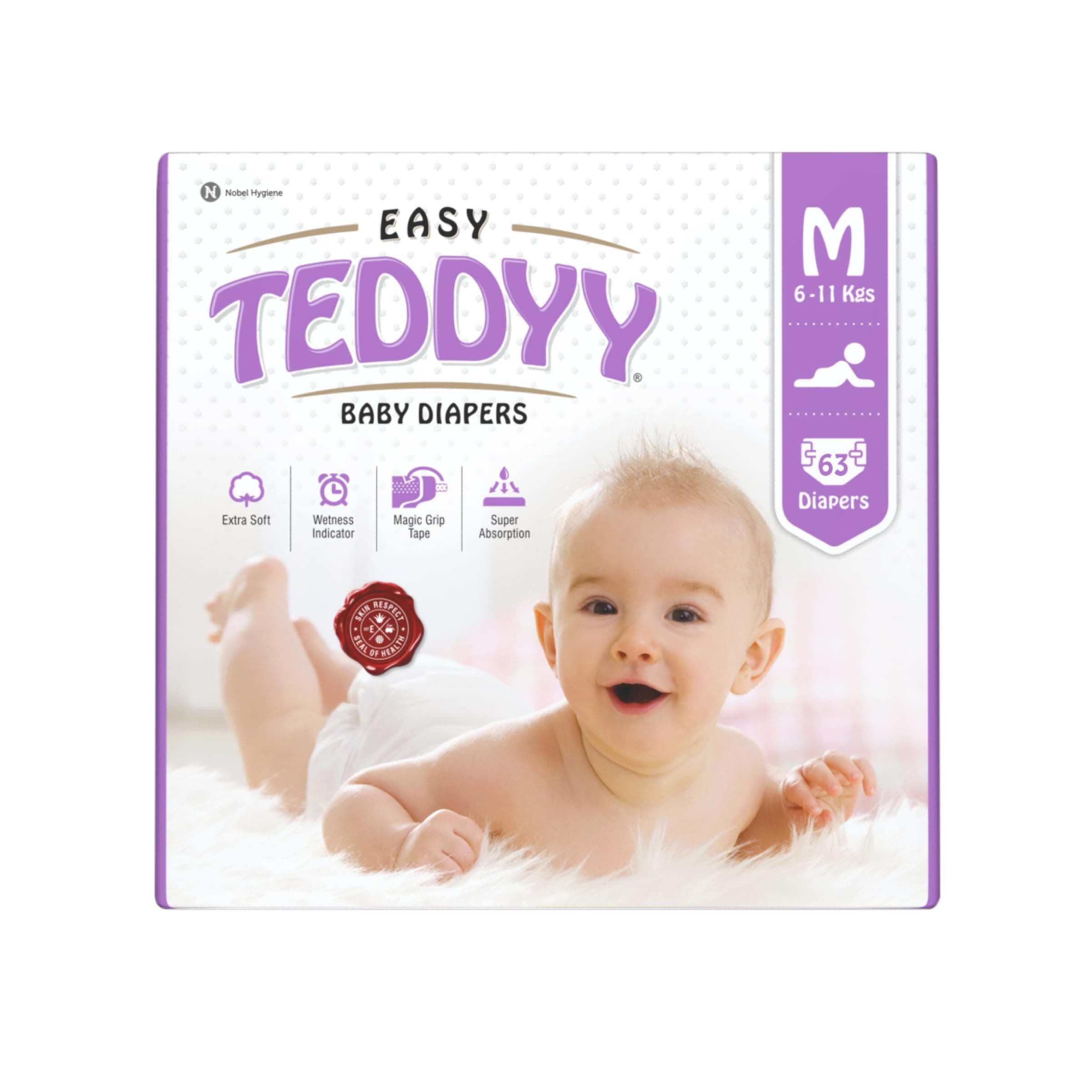 TEDDYY Easy Baby M Size Diaper Tape Style |63 Count (Medium) | 6-11 kgs (Pack of 1)|Quick Absorbency | Extra Super Soft |Anti - Bacterial | Wetness Indicator with Adjustable Grip Tapes