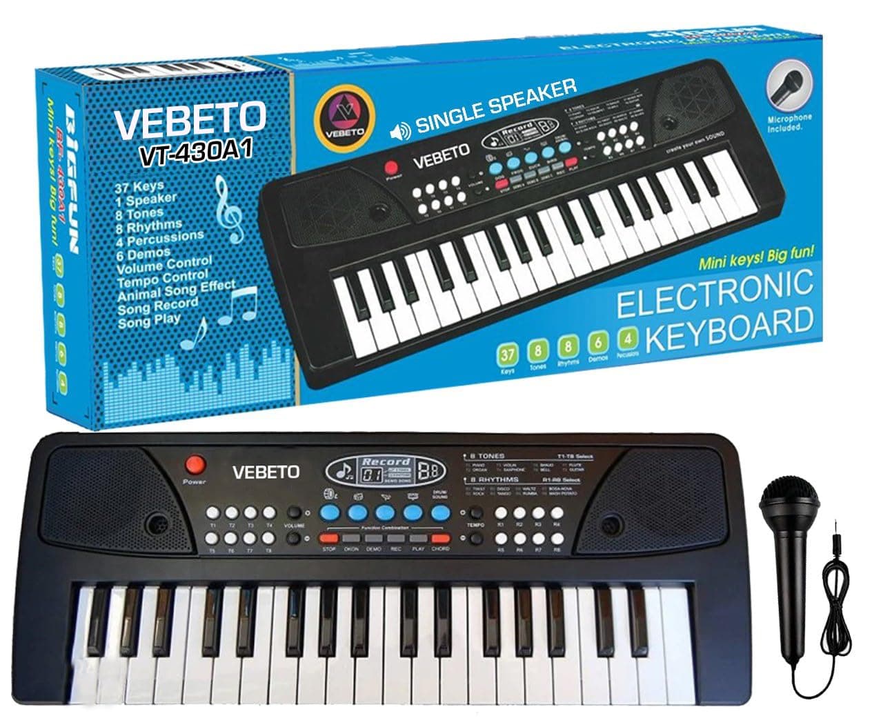 VEBETO Kids Piano Keyboard with Mic (1 Year Warranty) 37 Keys 8 Rhythms 8 Tones 6 Demos Portable Electronic Keyboard Toy Beginners Educational Songs Recording Musical Toys 2 3 4 5 Years Boys Girls