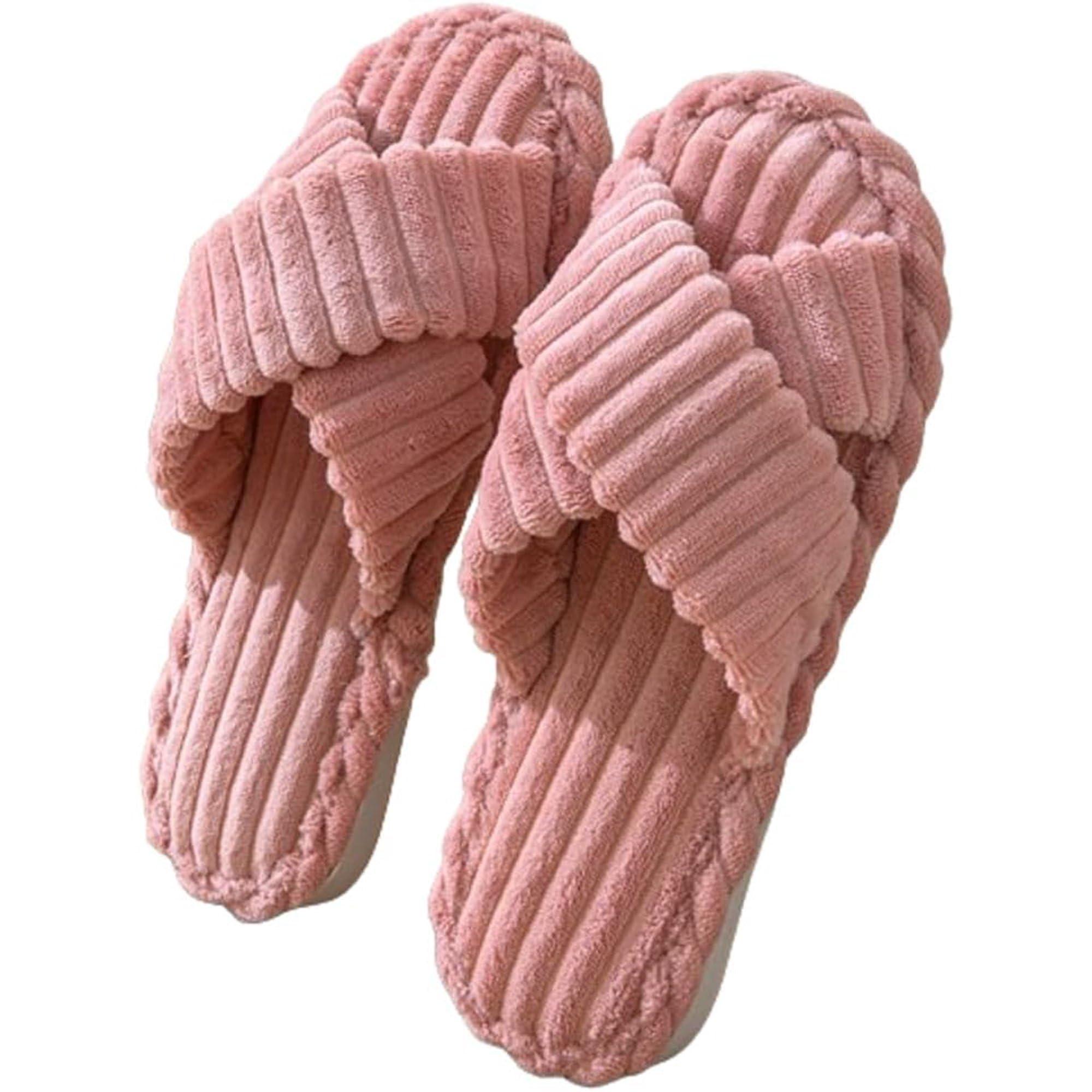 SILENCIO Slippers for Women House Bedroom Furry Cross Bands Slide Shoes Anti-Skid Sole Open Toe Slippers Indoor & Outdoor (Pink, UK Footwear Size System, Adult, Women, Numeric Range, Medium, 5, 6)