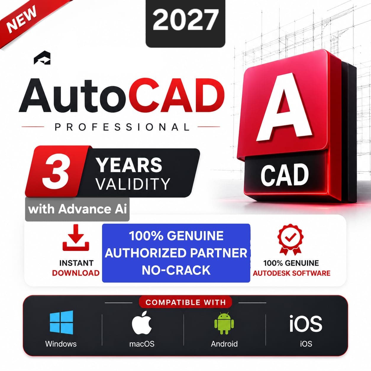 AutoCAD (New 2027 Edition with Advance Ai) 3 Years (Full Version) Genuine License Worldwide Activation 3 Years Subscription (3 Users/ 3 Devices) (For Windows, MacOS, Android, iOS, M1, M2, M3, M4, M5) (INCLUDES 80+ Specialized Toolsets, architecture, engineering, Agriculture & more.)