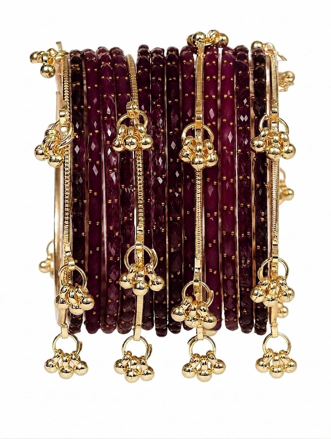 JPS 16 Pcs Trendy Stylish Raindrop Glass & Kashmiri Ghungroo Bangles Set for Women & Girls | Gold-Plated Traditional Festive Wedding Party Jewellery Chudi Set (12 Glass + 4 Metal) (Wine, 2-8 (Combo))