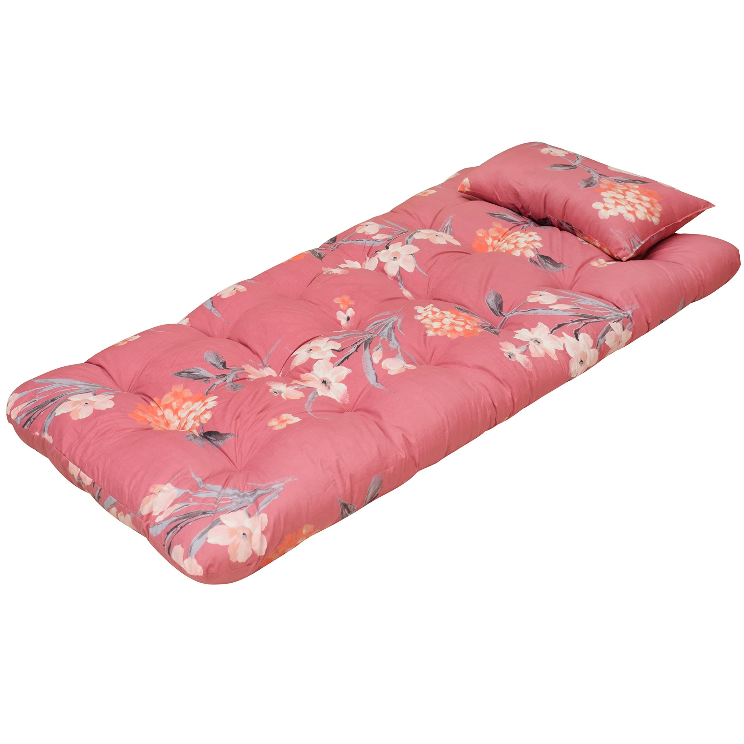 NEXTGO Single Bed Cotton Mattress 3 x 6.5 Feet | Foldable Lightweight Tufted Ruyi Gadi with 1 Pillow & Zipper Cover | Guest Bachelor Travel Floor Sleeping Mattress | Blend Pink Multi Color