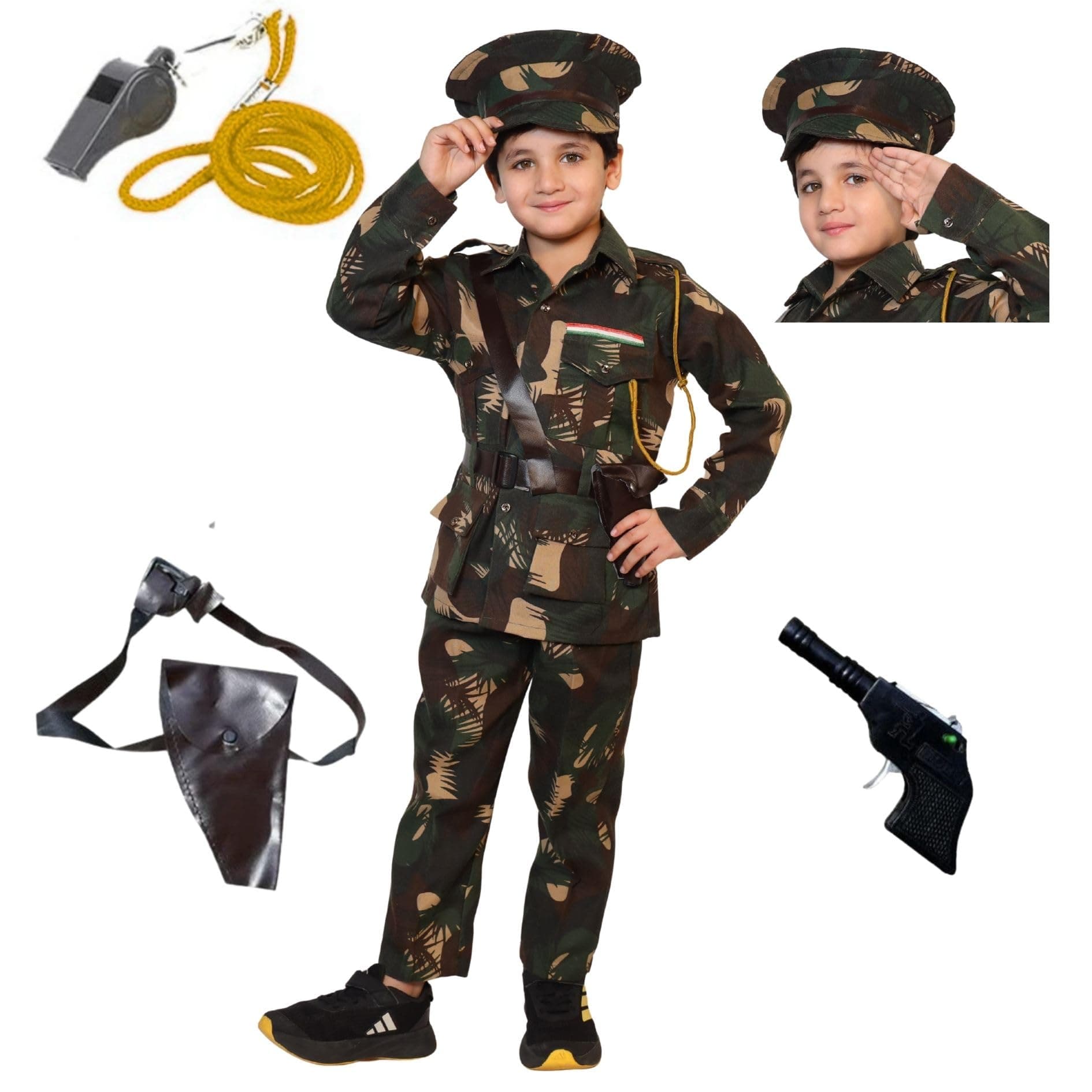 Kaku Fancy Dresses Polyester National Hero Indian Soldier Military Costume -Green, 2-3 Years, For Boys & Girls
