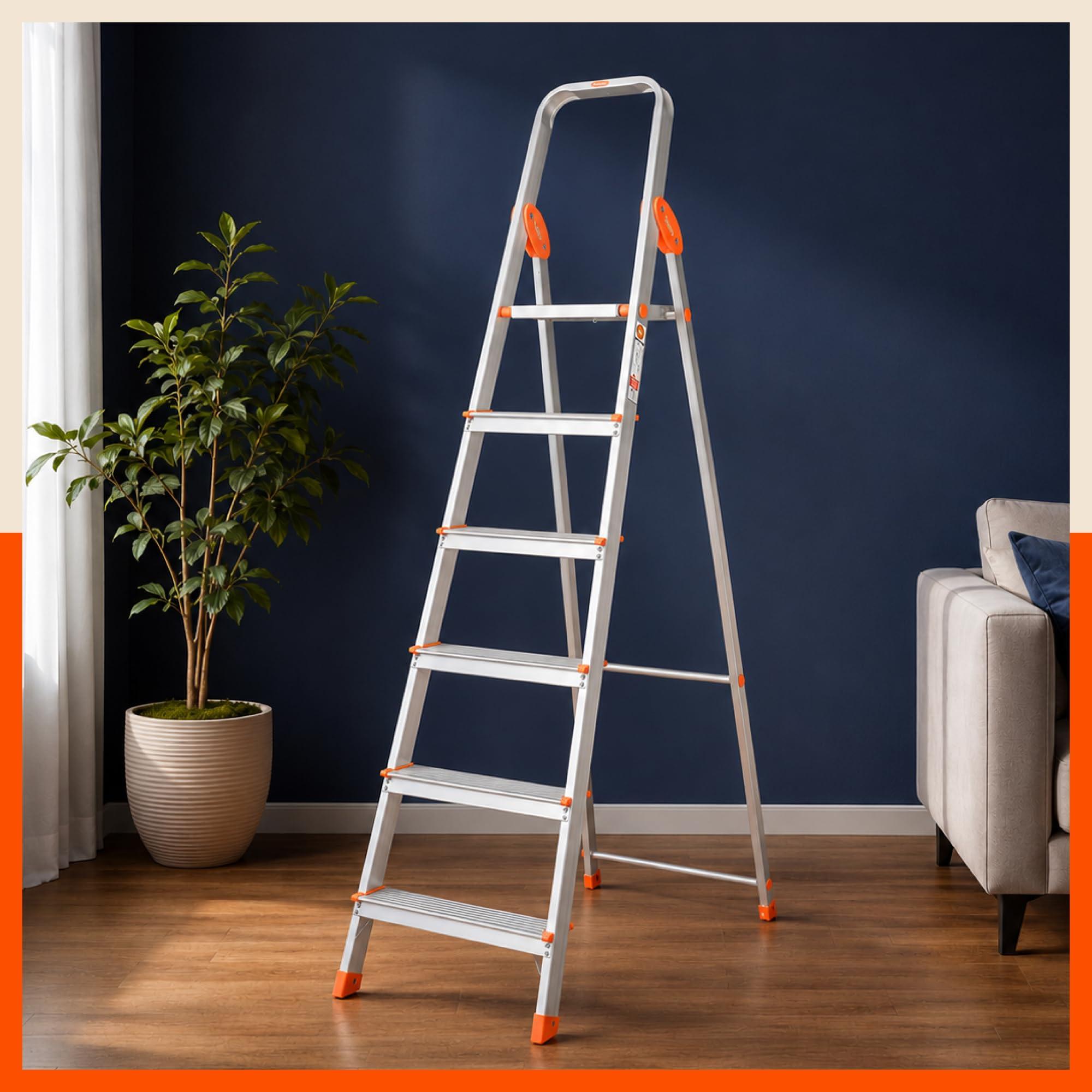 Bathla Advance 6-Step Aluminium Ladder | 150 Kg Load Capacity | Anti-Slip Steps | Sure-Hinge Technology | Home Use Step Ladder | 5 Year Warranty