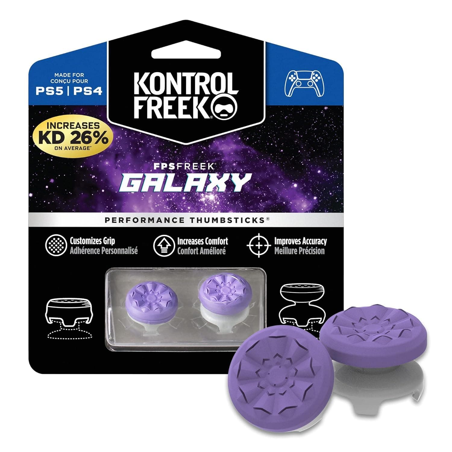 Meyaar FPS Freek Galaxy Joystick Cap Cover for PlayStation 4 (PS4) and PlayStation 5 (PS5) | Performance Thumbsticks for PS5 & PS4 Joystick Cover Cap | 1 High-Rise, 1 Mid-Rise (Purple)