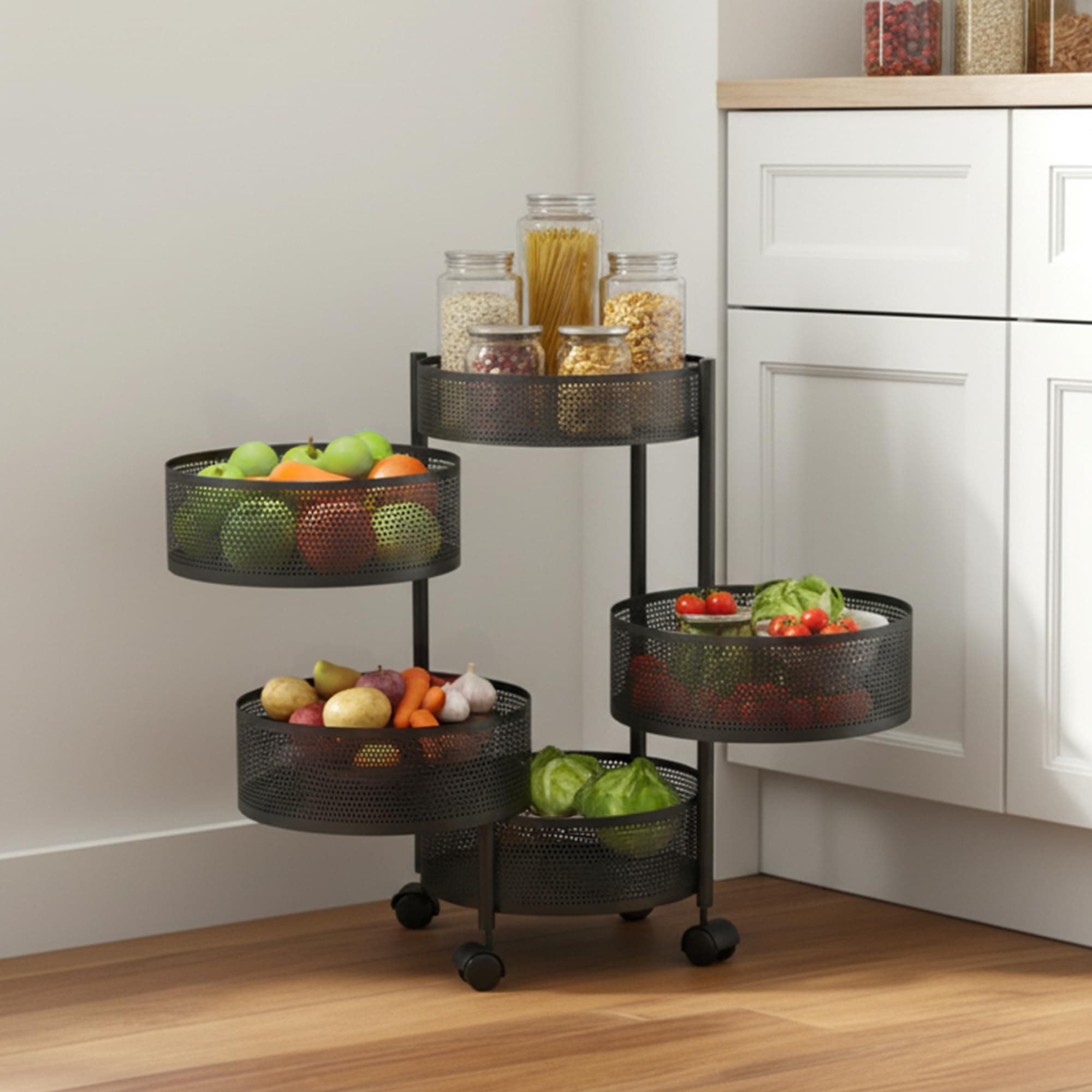BonKaso 5-Layer Round Multipurpose Kitchen Trolley with Swivel Storage Basket & 360° Rotating Wheels, Black Steel Frame, Easy Mobility, Space-Saving and Durable