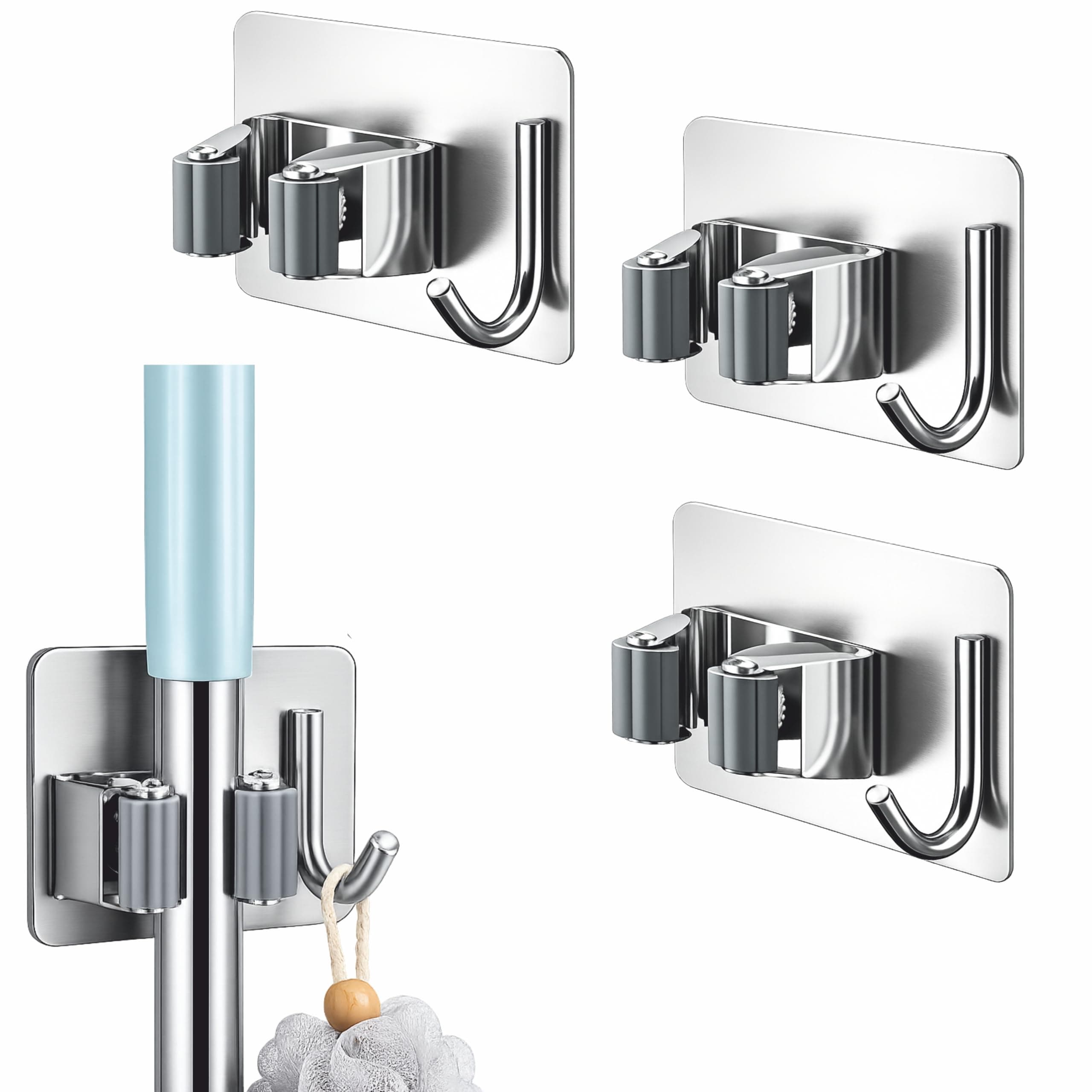 JIALTO 3 PCS Adhesive Broom Holder Wall Mounted – Stainless Steel Mop Holder for Bathroom & Kitchen, No Drill Wall Organizer for Broom Stick, Cleaning Tools Hanger