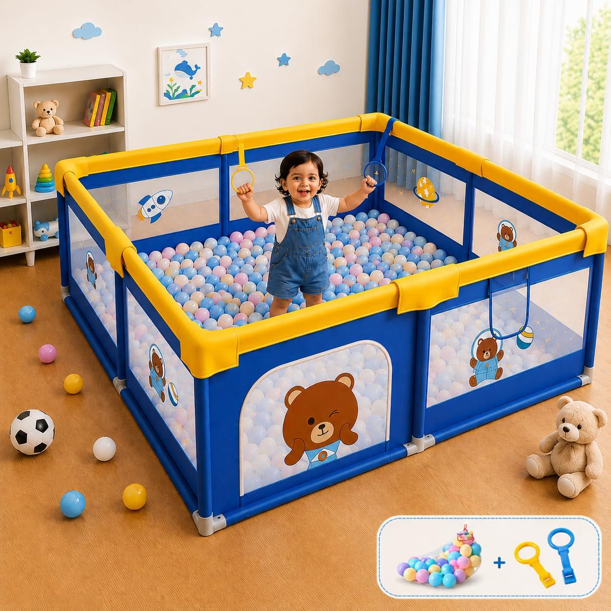 MONSTECH Large Baby Playpen 150x180cm Pit Balls Playpen for Baby up to 5 Years with Anti-Fall Rings, Safety Lock, Breathable Mesh, Kids Activity Center Play Pen (180 * 150-Blue)
