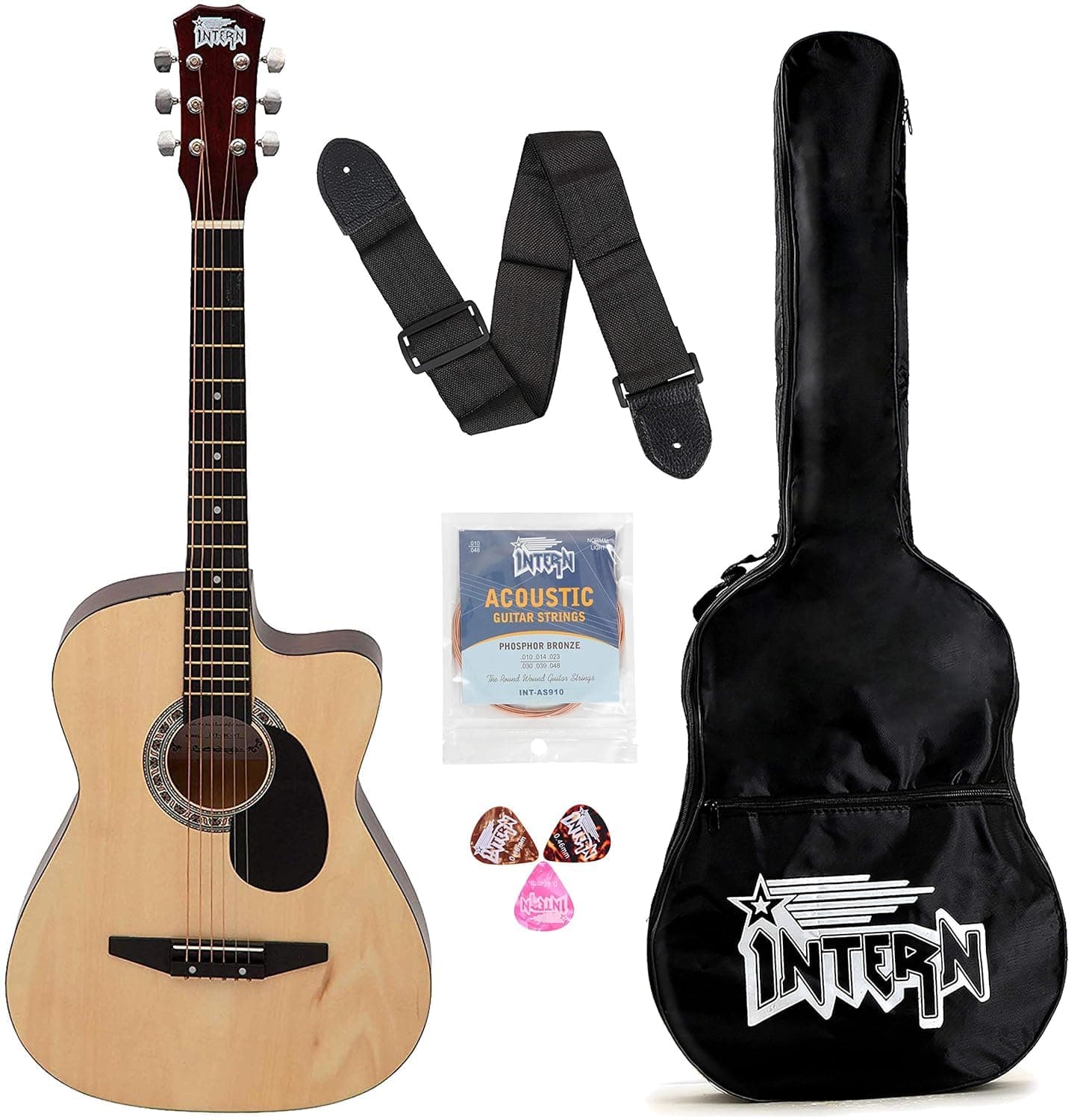 Intern 38 Inch Cutaway Acoustic Guitar Kit for Beginners, Adults & Students | Linden Wood Right-Handed 6-String Wooden Guitar with Carry Bag, Strap, Extra Strings & 3 Picks