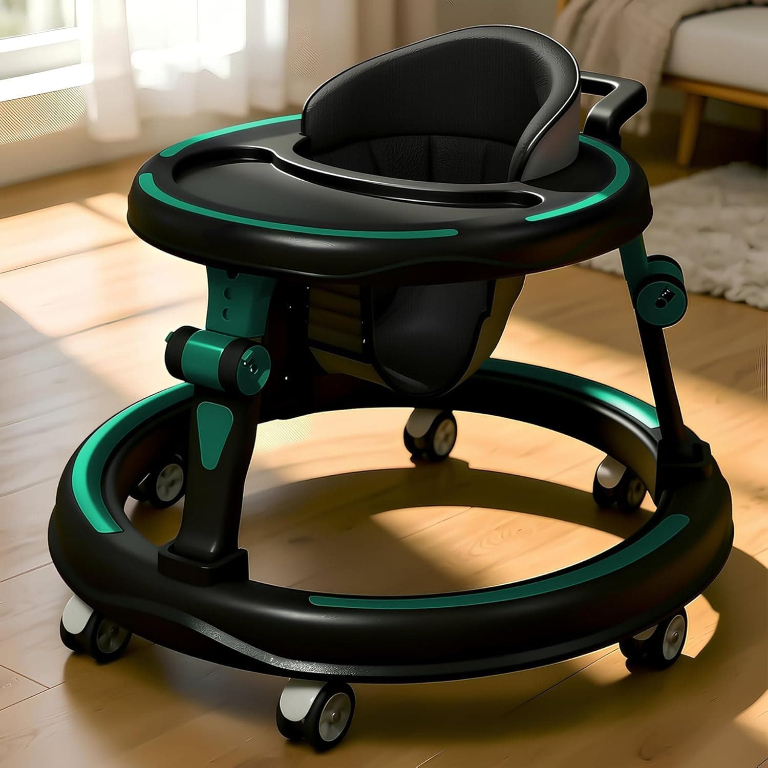 StarandDaisy Baby Walker for Babies, 6-18 Month Baby Boy & Girl, Adjustable Height Infant Learning Walker with 360° Wheels, Anti-Slip, Comfortable Padded Seat, Activity Tray, Foldable Toddler Walker (Green-Black)