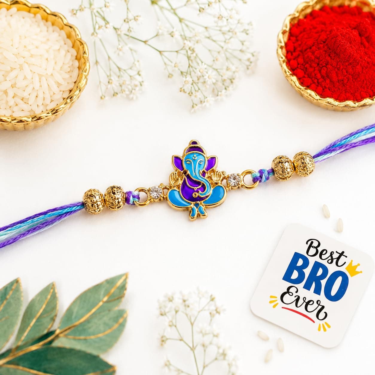 eCraftIndia Lord Ganesha Rakhi for Brother Bhaiya | Raksha Bandhan Rakhi for Bhai | Best Bro Ever Fridge Magnet | Roli Chawal Pack