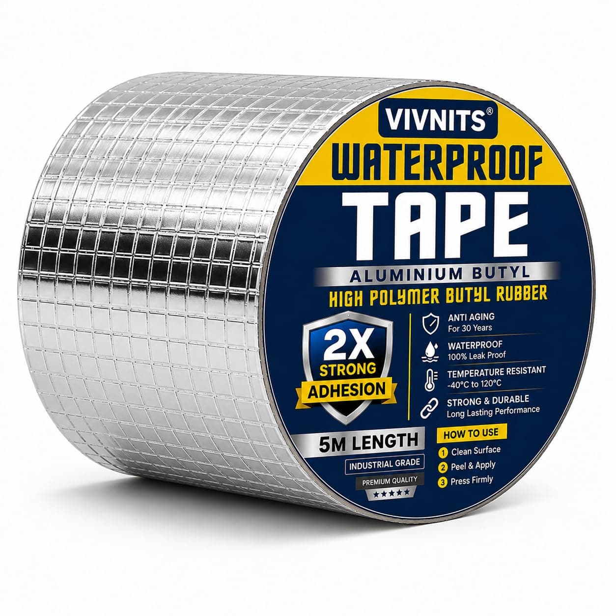 VIVNITS Waterproof Butyl Aluminium Foil Tape for Roof Leakage, Heavy Duty Self Adhesive Waterproof Sealing Tape for Water Tank, Wall, Pipe, Terrace Crack Repair, Duct & Water Leakage Solution, Silver