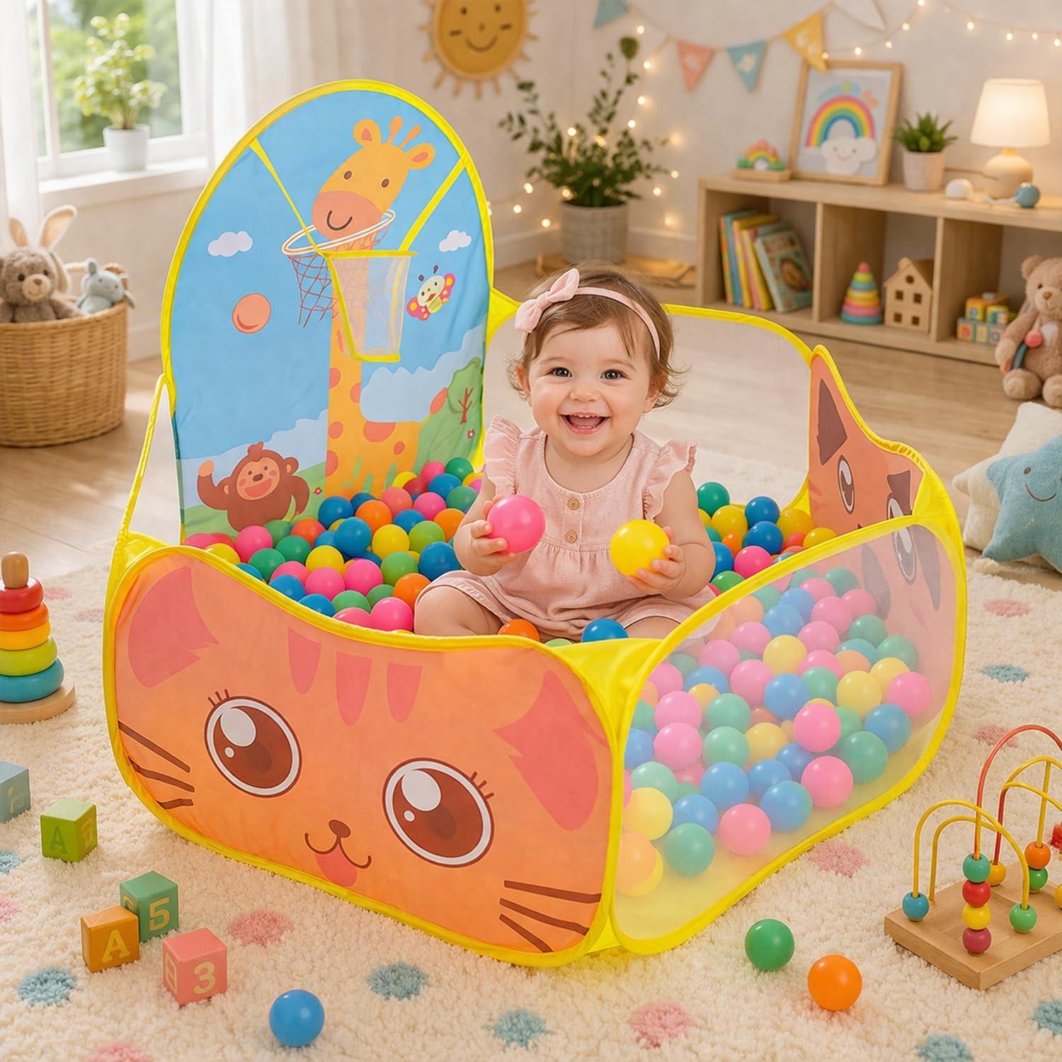 BabyGo Kids Giraffe Basketball Ball Pool for Kids, Play Tent House for 2+ Year Old Girls and Boys, Ball Pit for Kid, Spacious, Lightweight, Portable & Easy to Set Up, (Blue) (30 Balls)
