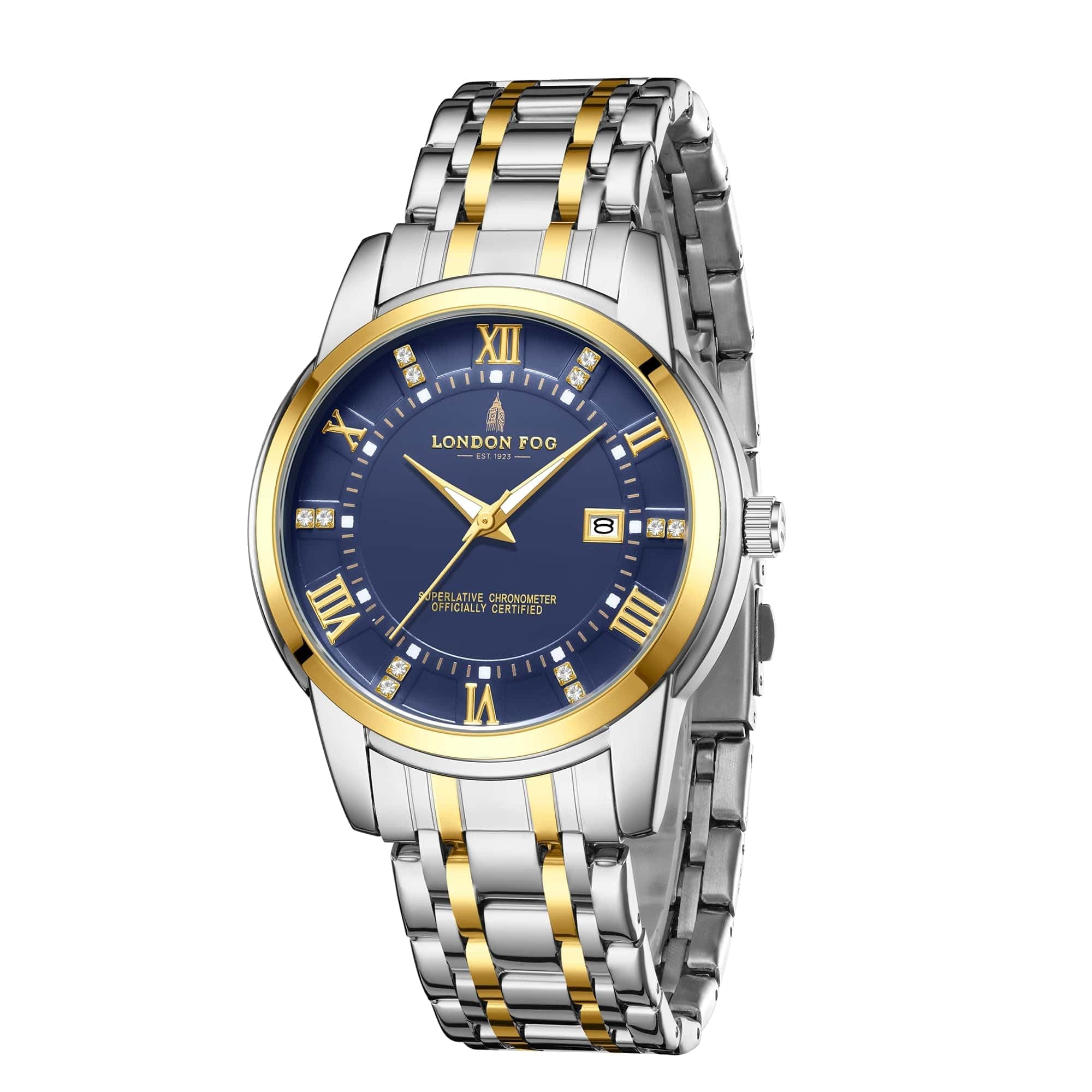 London Fog Regent Collection Analog Quartz Watch for Men with Blue Dial and Two Tone Silver Gold Stainless Steel Strap, Metal Case, Date Display, Luminous Hands & Hour Markers, Water Resistant