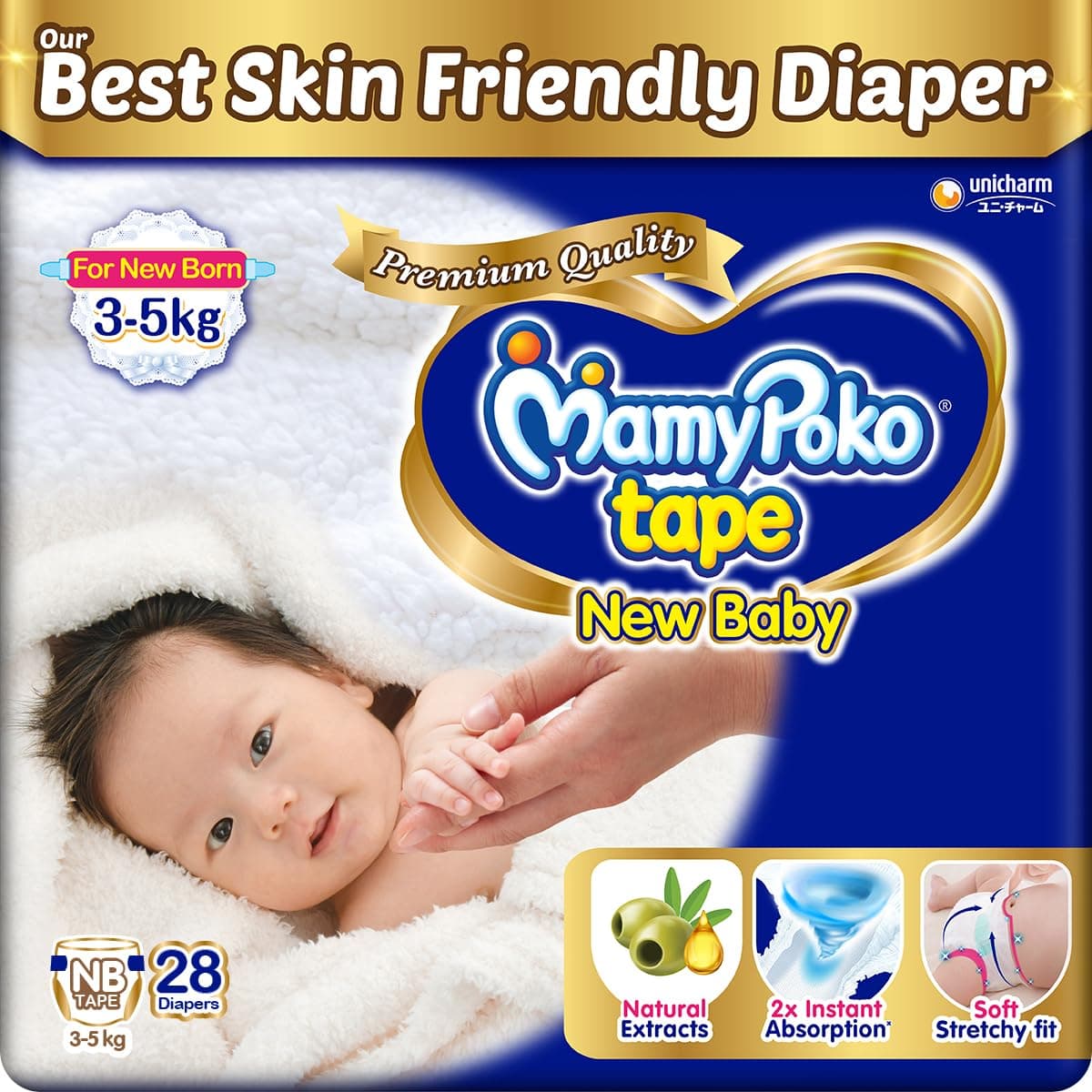 Mamypoko New Baby| Tape Style Baby Diapers, 28 Count, 3-5kg||2x Instant Absorption| Soft stretchy fit |Natural Extracts for Nourishment | Loose Stool Stopper, Wetness Indicator