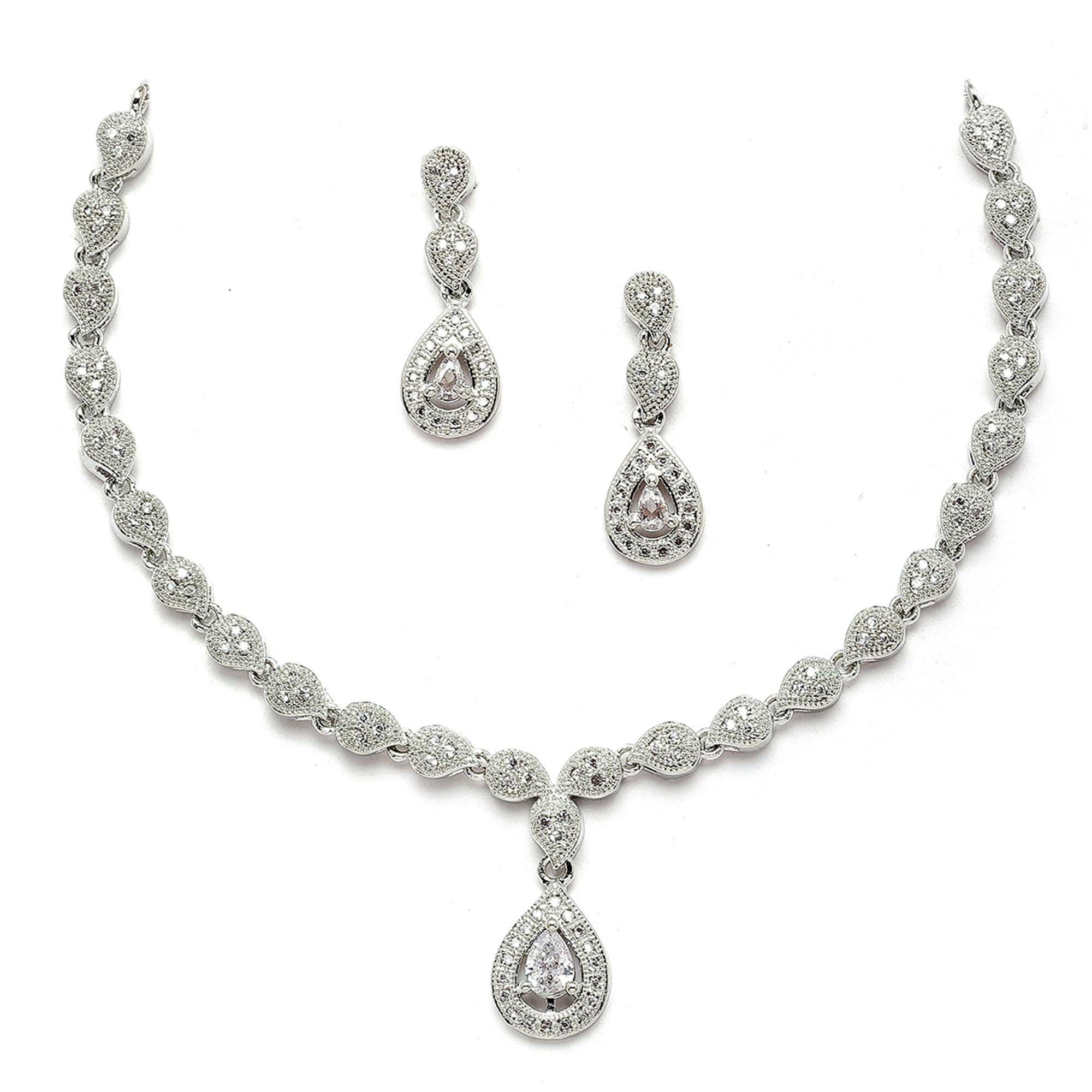 ZENEME Rhodium-Plated Silver-Toned American Diamond Necklace Set with Earrings for Women & Girls Designer Crystal Studded Statement Jewellery (Crystal)