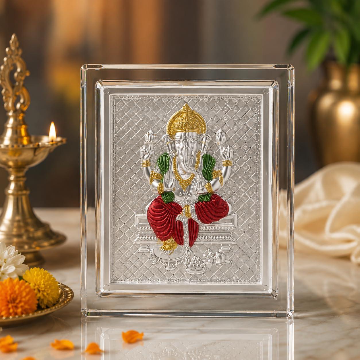 999 Silver Meenakari Ganpati Bappa Photo Frame for Home & Puja Room | Designer Vighnaharta Gajanan Ganesh Silver Tasveerfor Office Desk, Car Dashboard, Auspicious Gift for Housewarming, Return Gifts- 11x9x4 CM