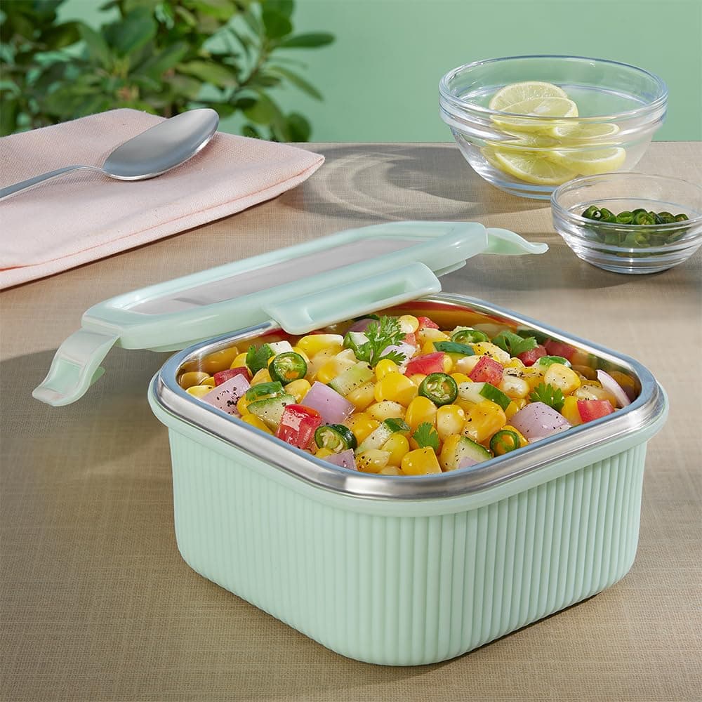 Larah by BOROSIL Freshbyte Food Storage Container with Airtight Stainless Steel Lid | Fridge Container for Lunchbox | Food Grade | Microwave Safe (Green, 400 ml, Square)