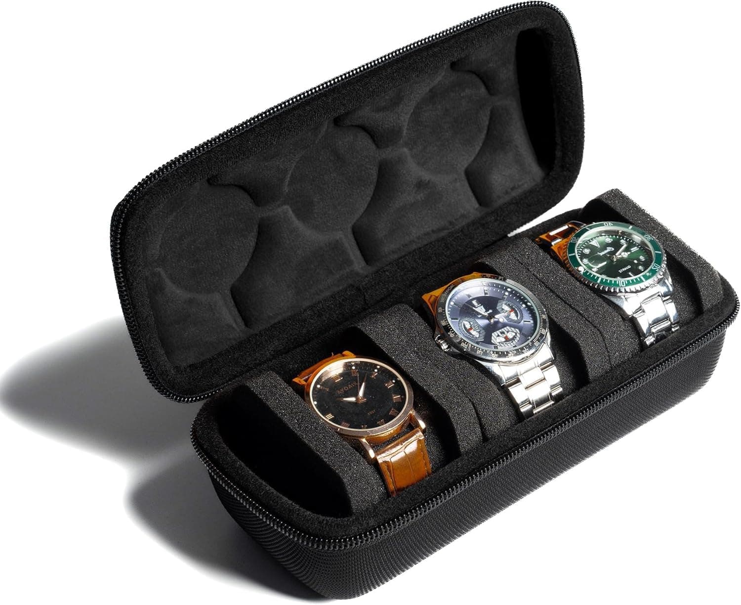 Zollyss 3 Slot Watch Travel Case for Men & Women | Hard Zipper Watch Storage Box with Soft Foam Pillows | Portable Watch Organizer for Smart, Analog & Luxury Watches | Black