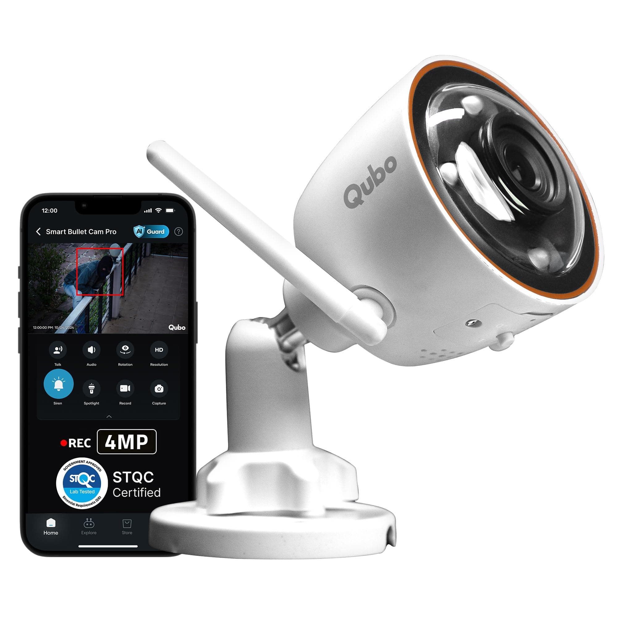 Qubo Smart Bullet Cam Pro 4MP [2026 Edition] by Hero Group | STQC Certified | AI Person Detection | Intruder Alarm | Color Night Vision | App Control | Records Directly on Cloud | No SD Card Required