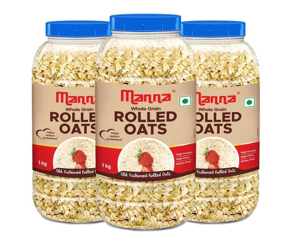 Manna Rolled Oats 3kg, High Protein, High Fibre. Gluten Free Wholegrain 1kg (Pack of 3)