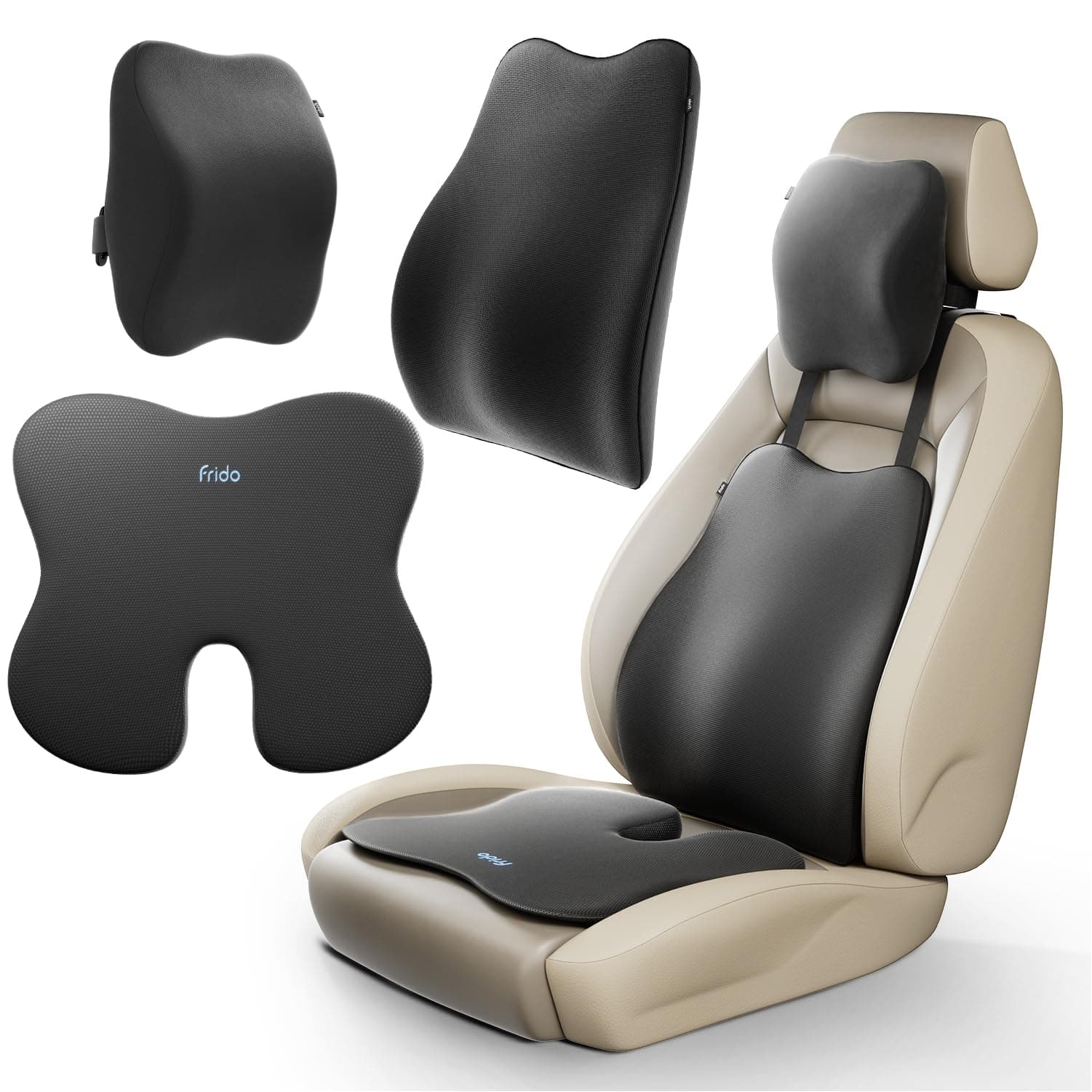Frido Ultimate Car Comfort Combo | Neck Rest, Backrest & Wedge Seat Cushion Combo of 3 | Ergonomic Neck, Back & Seating Support | Driving & Daily Commutes | Posture Correction | Universal Fit | Black