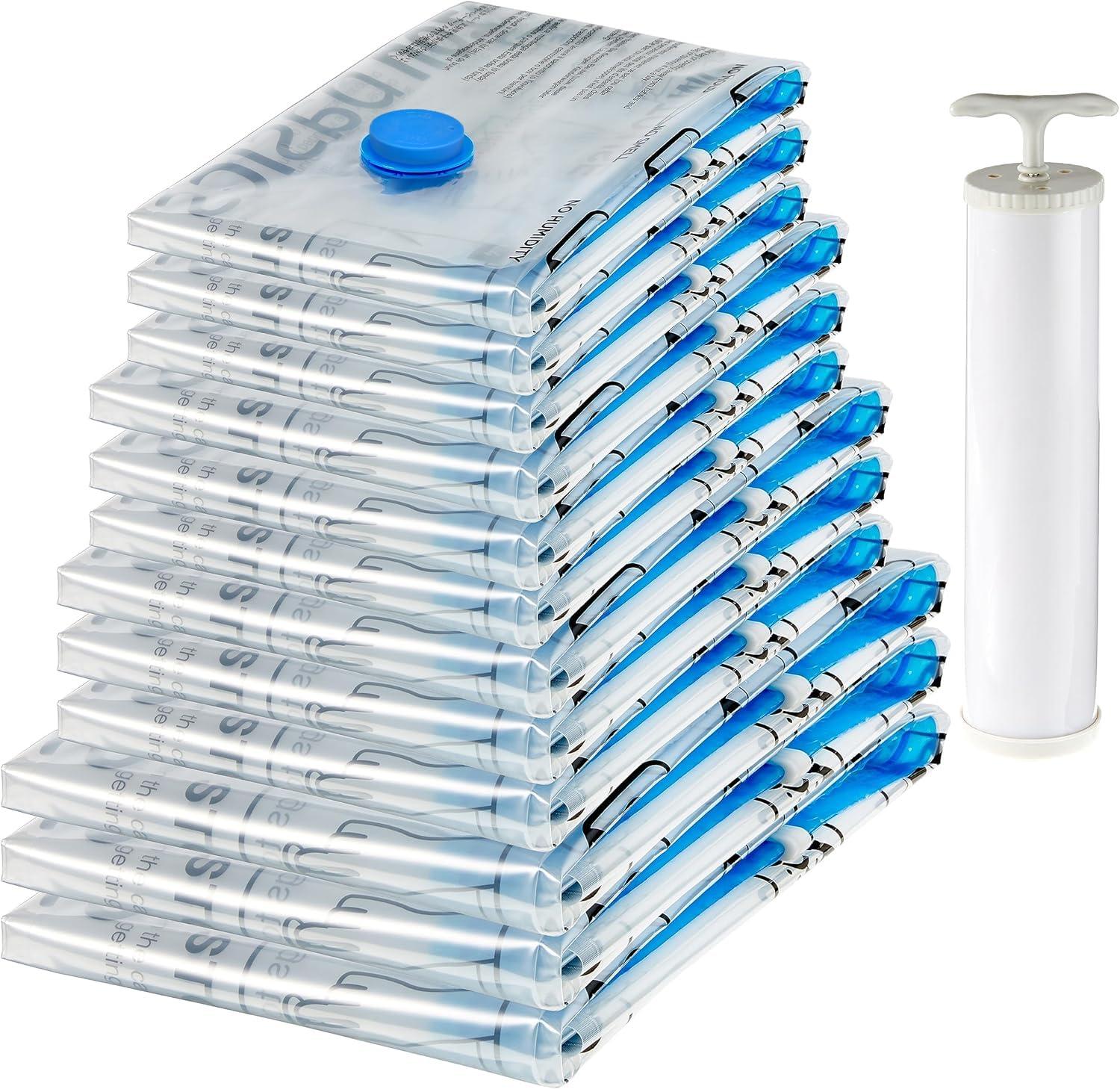 amazon basics Vacuum Compression Storage Bags with Hand Pump - 12-Pack (3 Jumbo, 3 Large, 3 Medium, 3 Small), Plastic | White