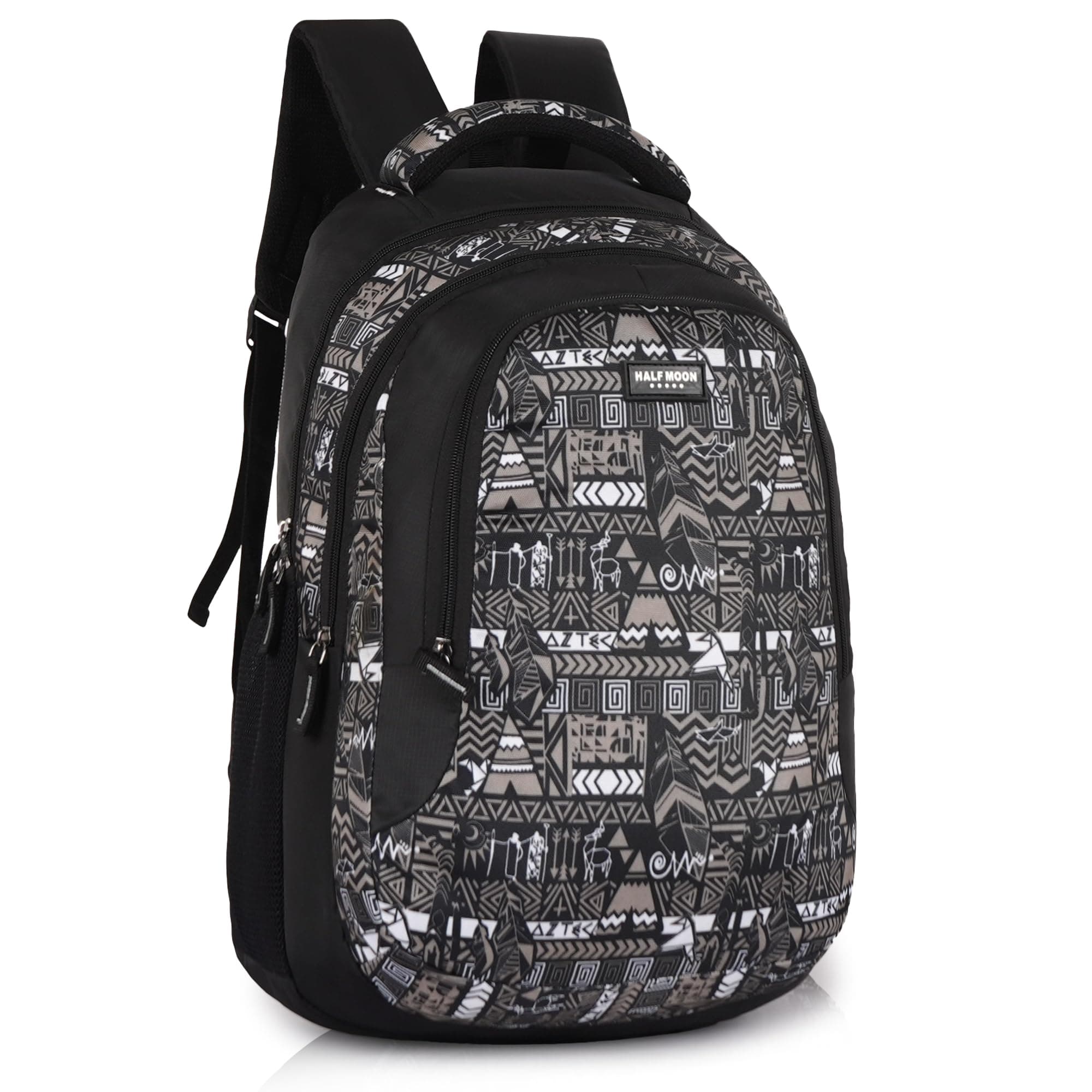 Half Moon Wild Class 5-12 School Bag for Boys Girls Man Woman | Laptop Bagpack Back pack for Men Women | 3 Zips Stylish And Trendy College Bags for Students (Aztec Print) (Black and Grey)