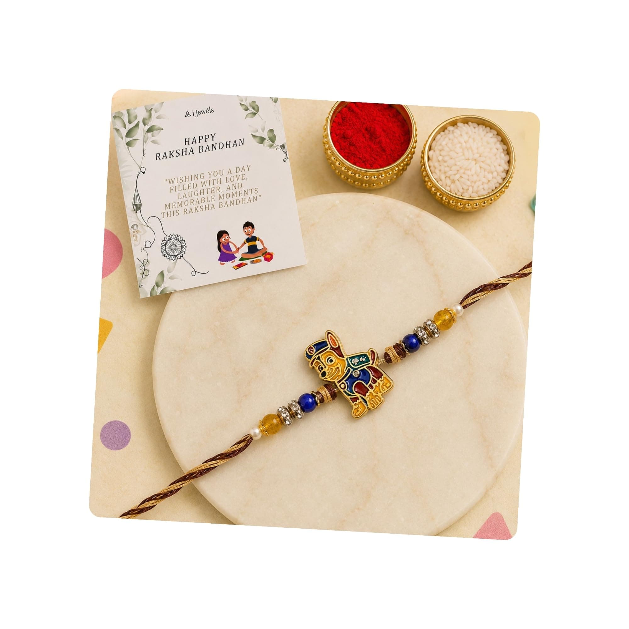 I Jewels Fancy Cartoon Kids Rakhi with Roli Chawal & Rakshabandhan Card for Bro/Brother/Bhai (Style 3)