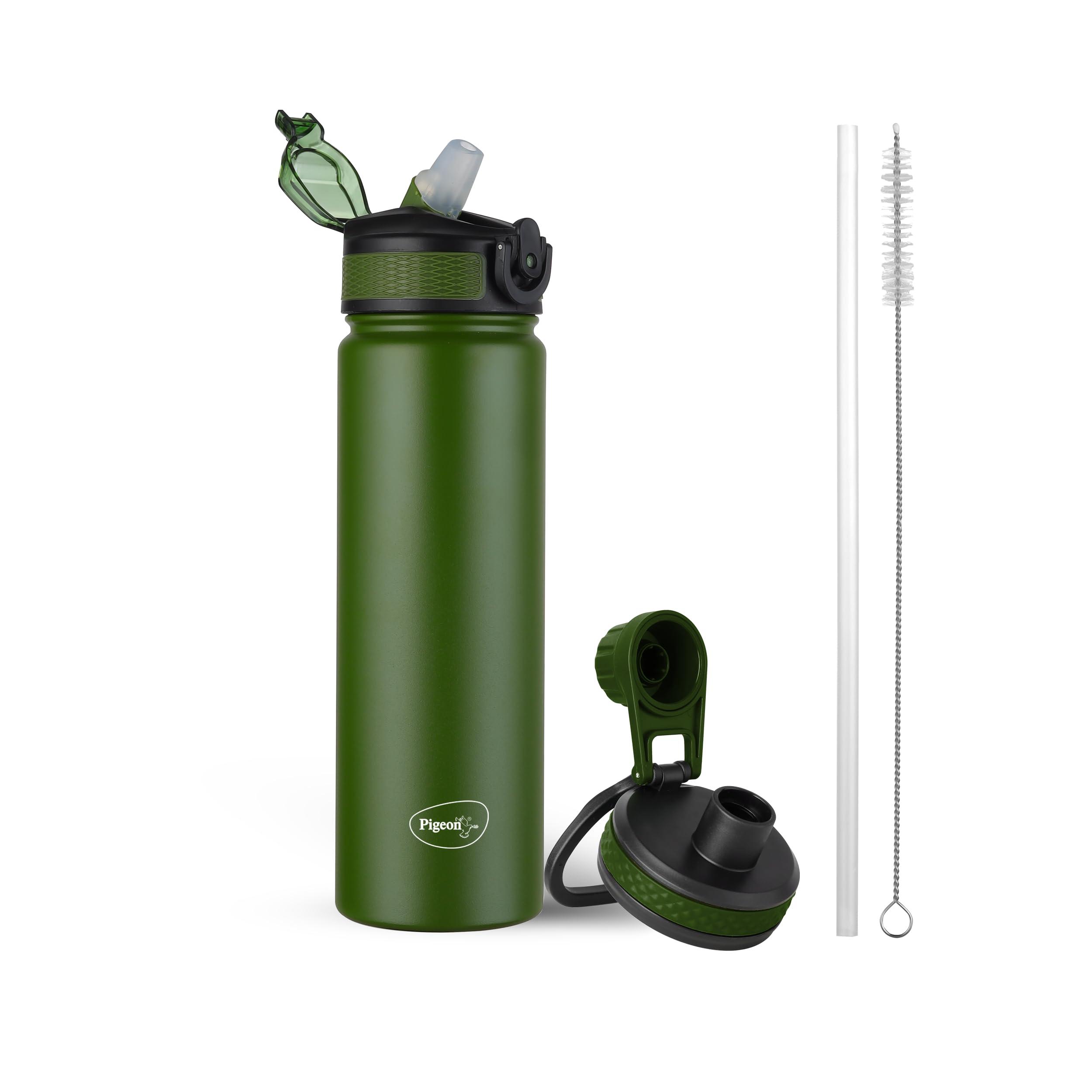 Pigeon by Stovekraft Rush Thermos Stainless Steel Sipper Flask 675ml with Straw,Cleaner and Additional Screw Cap| 24 Hours Hot and Cold|Ideal Usage for Office Men/Women|School/College|Travel|Green